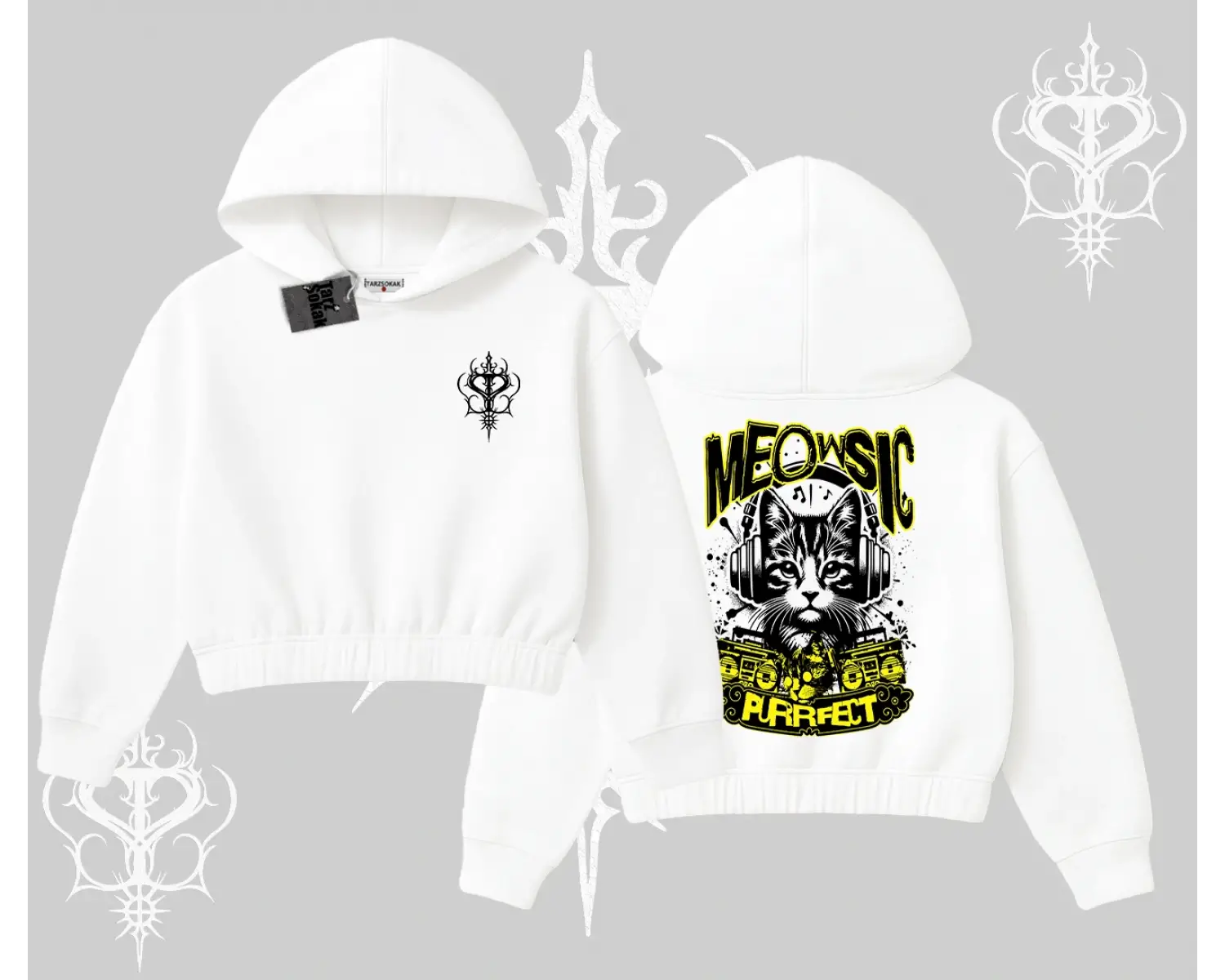 Meowsic Purrfect Kedi Arka Baskılı Kapşonlu Crop Sweatshirt