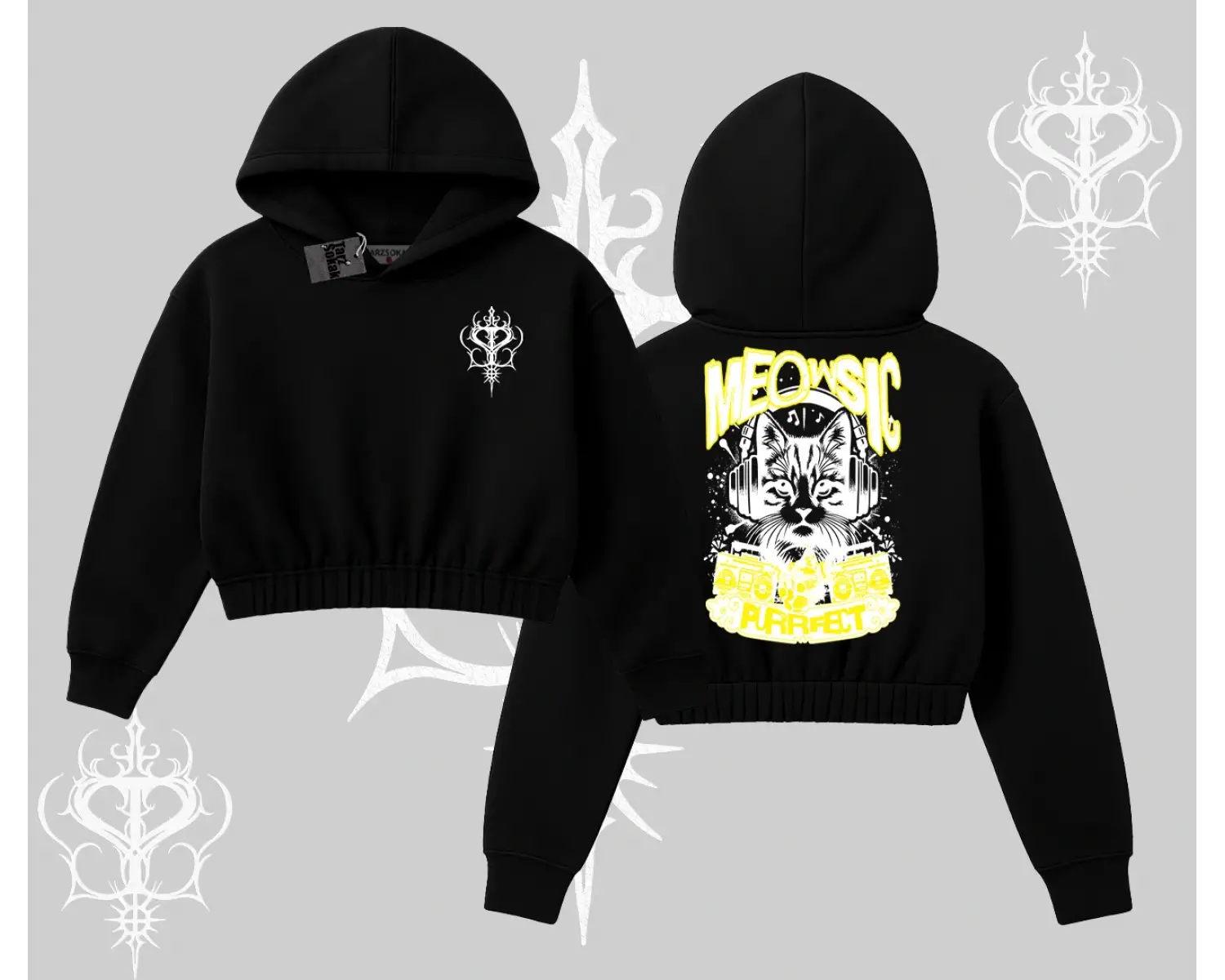 Meowsic Purrfect Kedi Arka Baskılı Kapşonlu Crop Sweatshirt