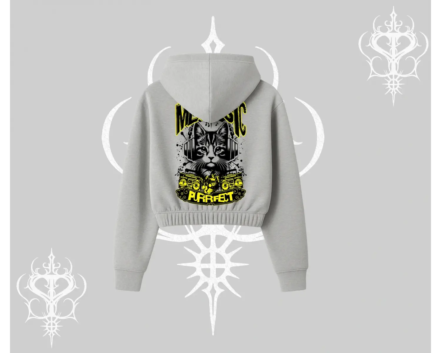 Meowsic Purrfect Kedi Arka Baskılı Kapşonlu Crop Sweatshirt