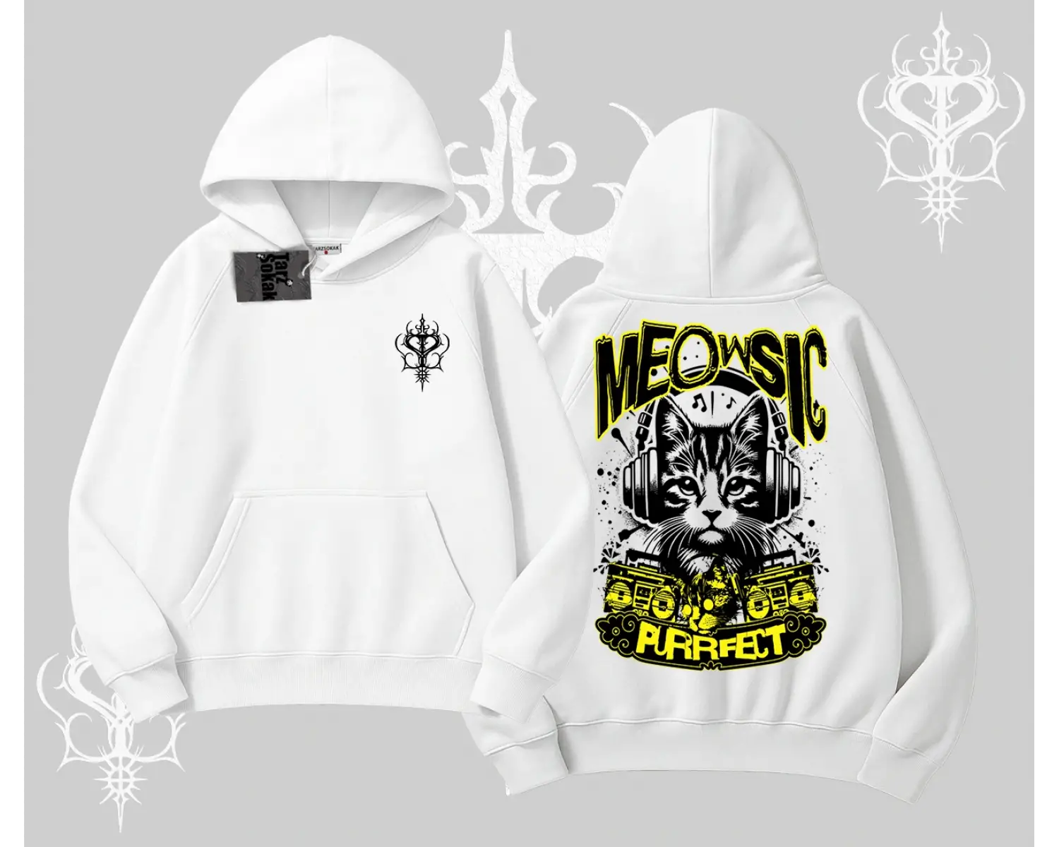 Meowsic Purrfect Kedi Arka Baskılı Kapşonlu Sweatshirt