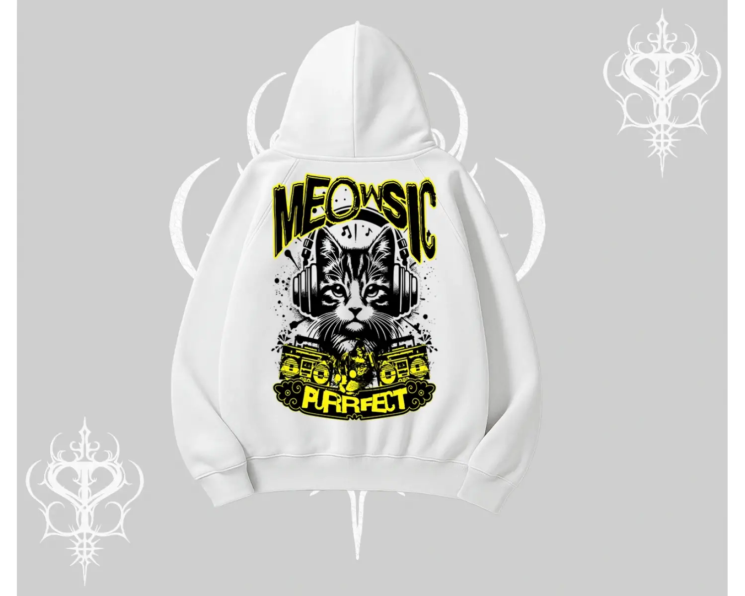 Meowsic Purrfect Kedi Arka Baskılı Kapşonlu Sweatshirt
