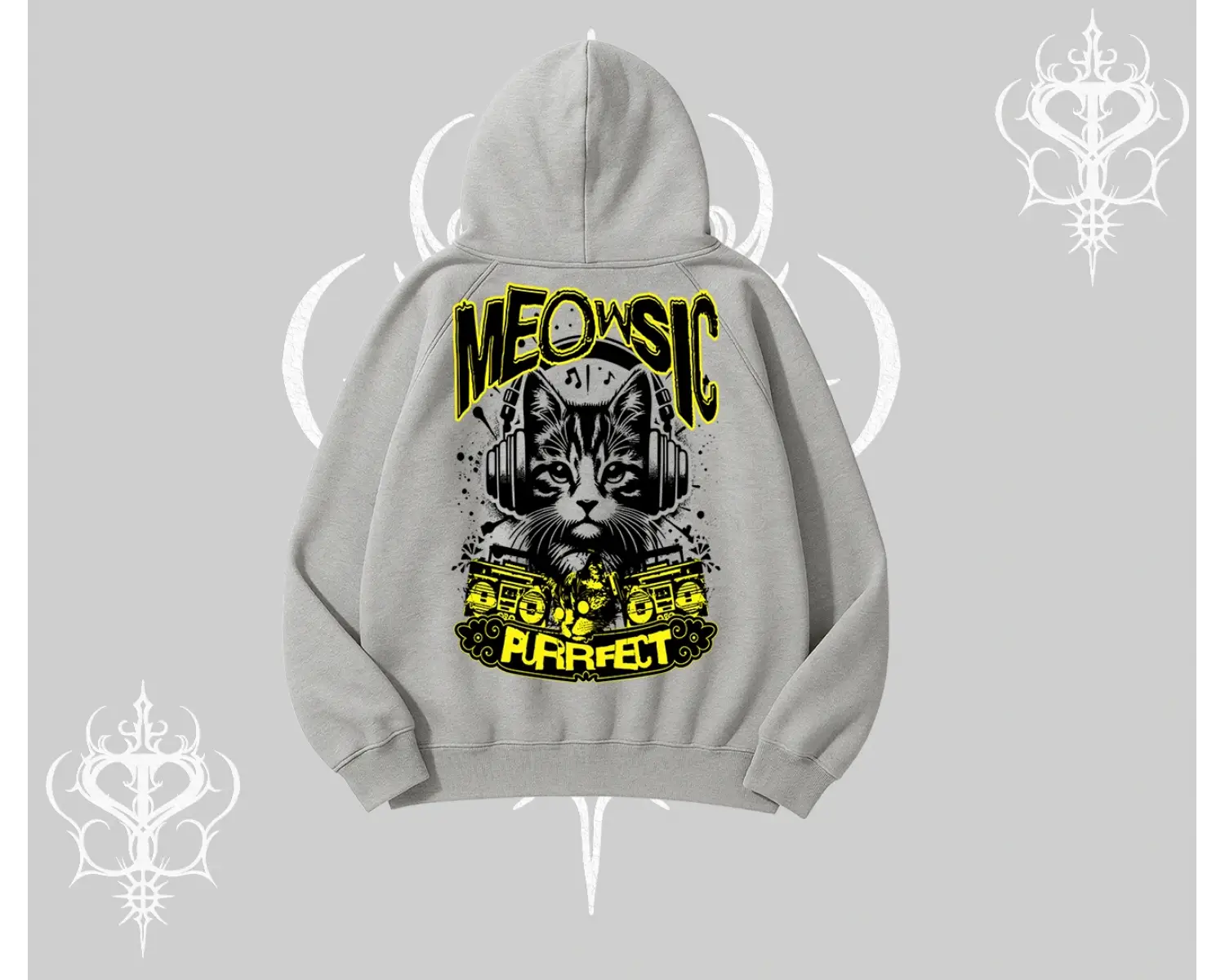 Meowsic Purrfect Kedi Arka Baskılı Kapşonlu Sweatshirt