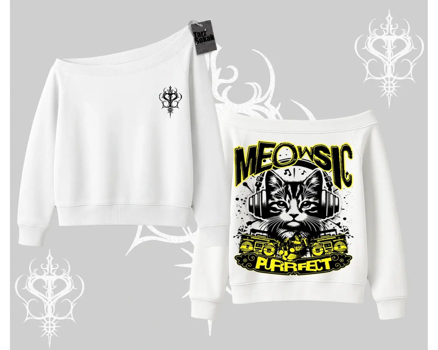 Meowsic Purrfect Kedi Arka Baskılı Kayık Yaka Sweatshirt