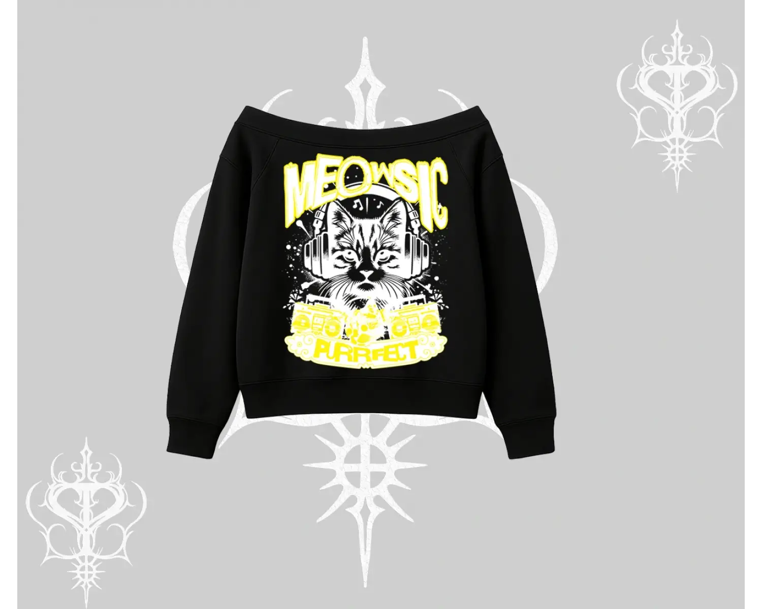 Meowsic Purrfect Kedi Arka Baskılı Kayık Yaka Sweatshirt