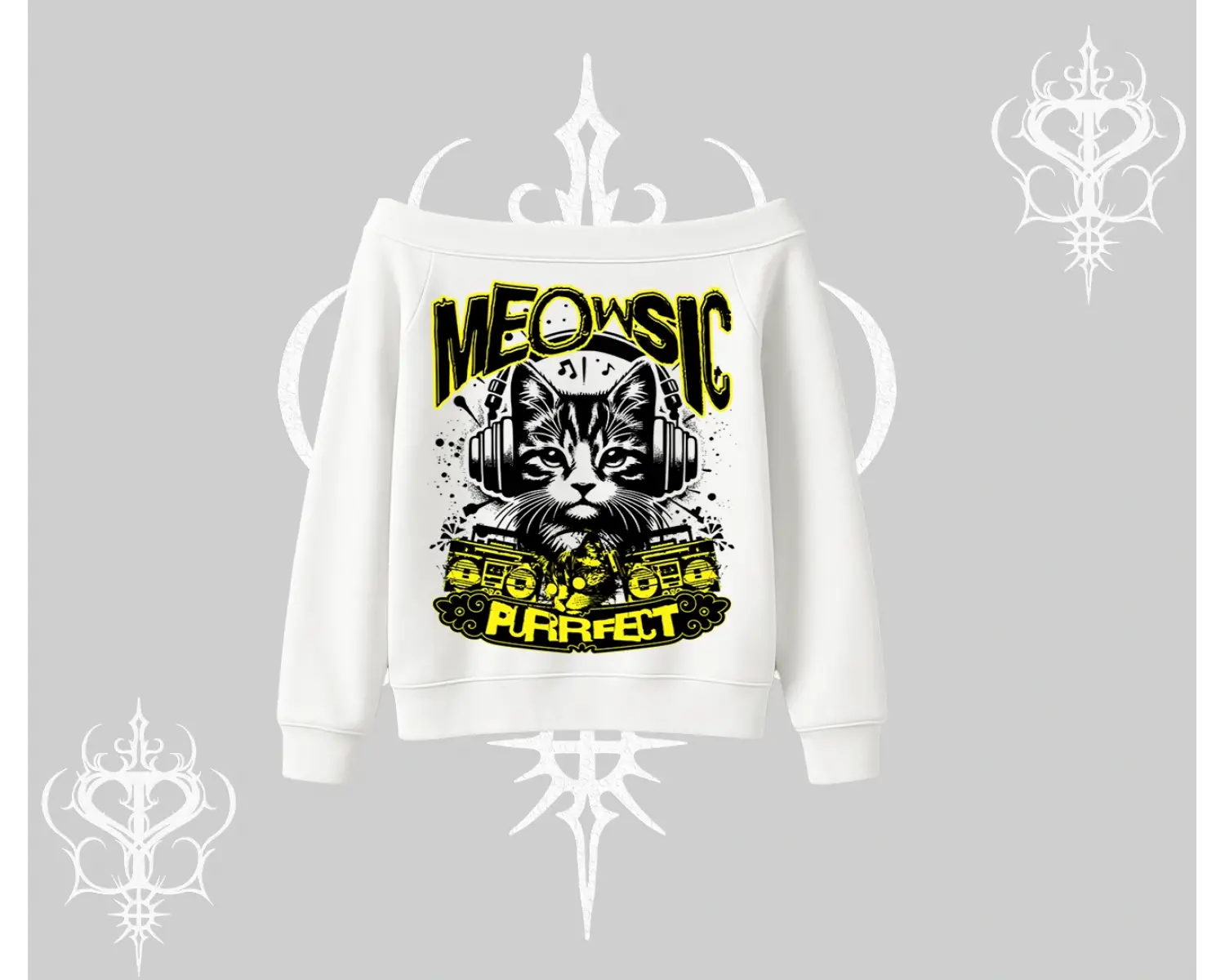 Meowsic Purrfect Kedi Arka Baskılı Kayık Yaka Sweatshirt