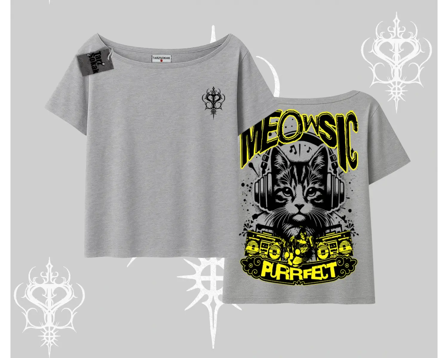 Meowsic Purrfect Kedi Arka Baskılı Kayık Yaka Tshirt