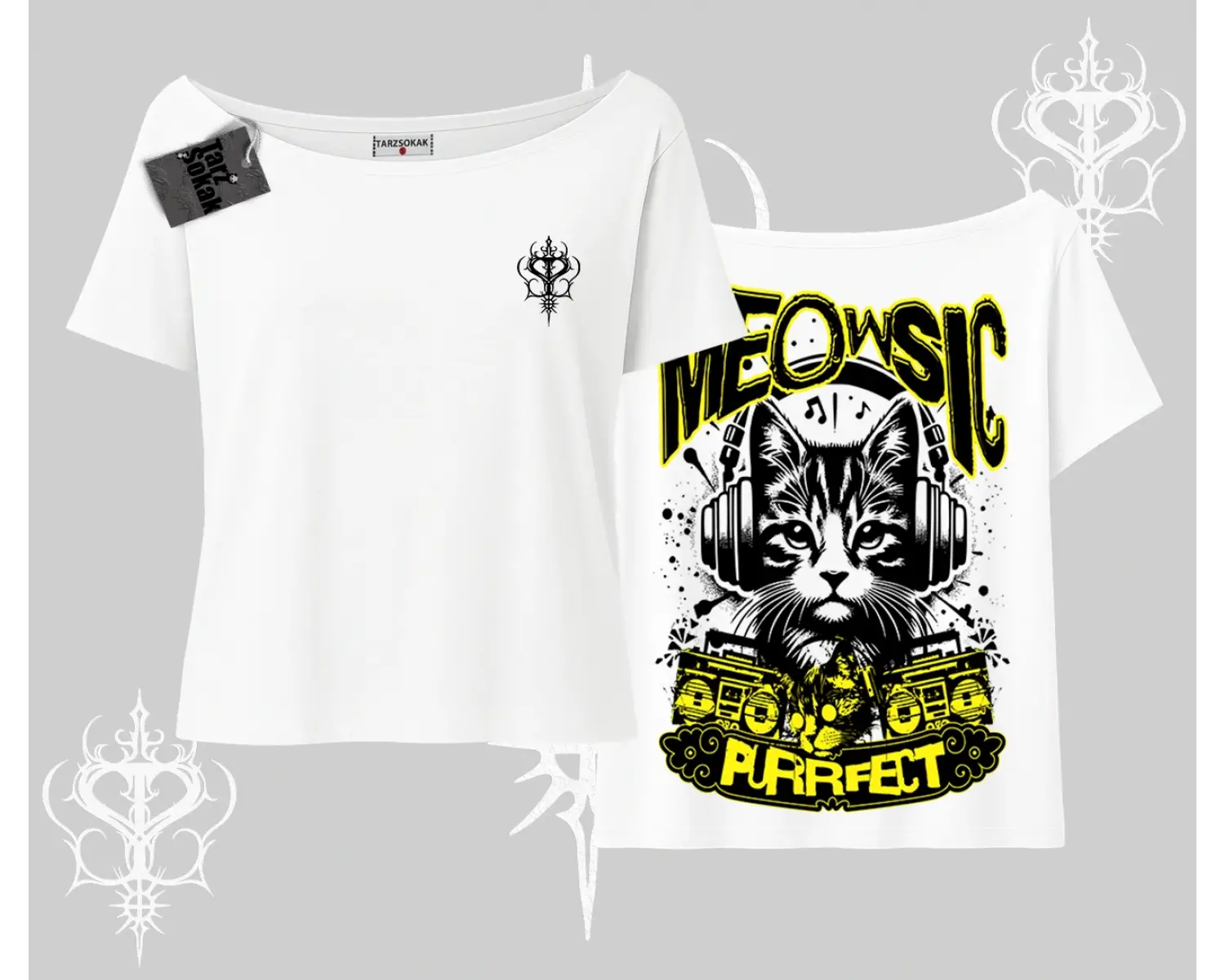 Meowsic Purrfect Kedi Arka Baskılı Kayık Yaka Tshirt