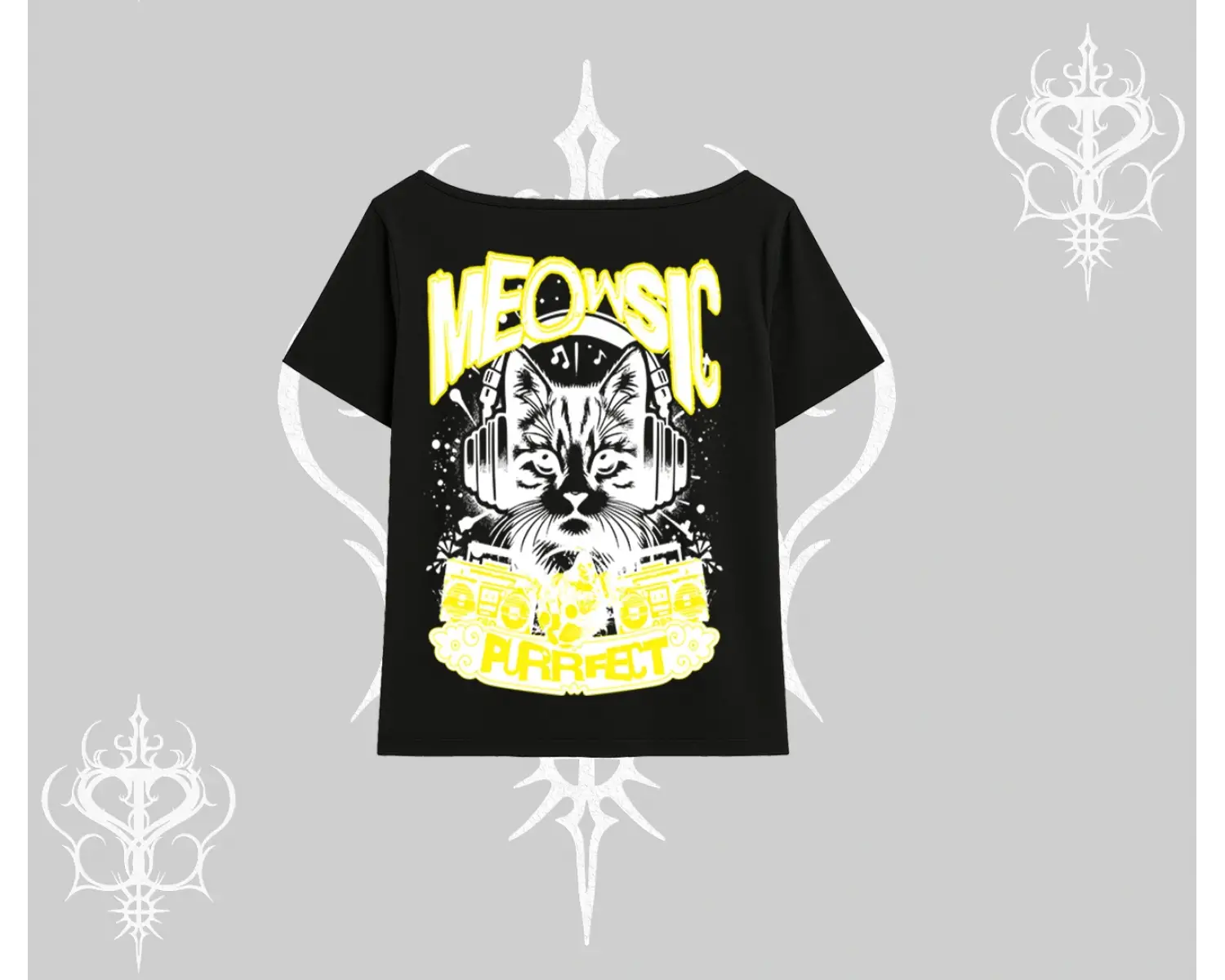 Meowsic Purrfect Kedi Arka Baskılı Kayık Yaka Tshirt