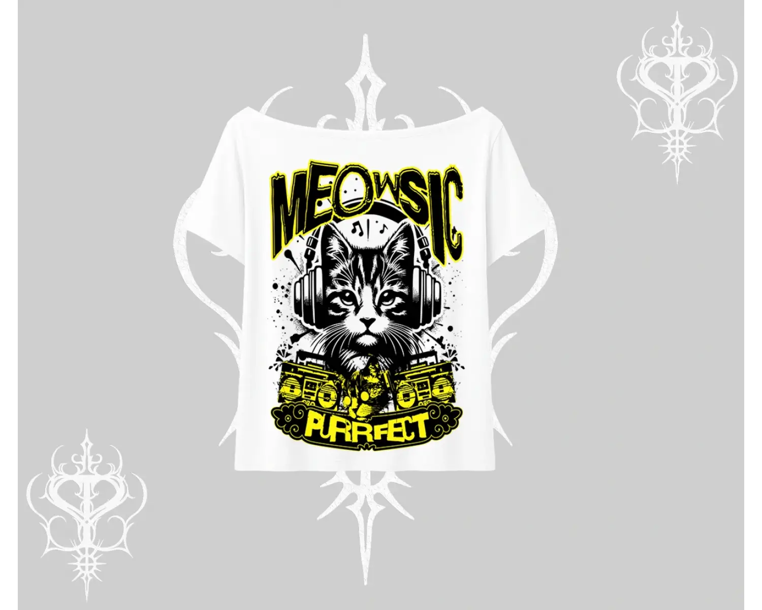Meowsic Purrfect Kedi Arka Baskılı Kayık Yaka Tshirt