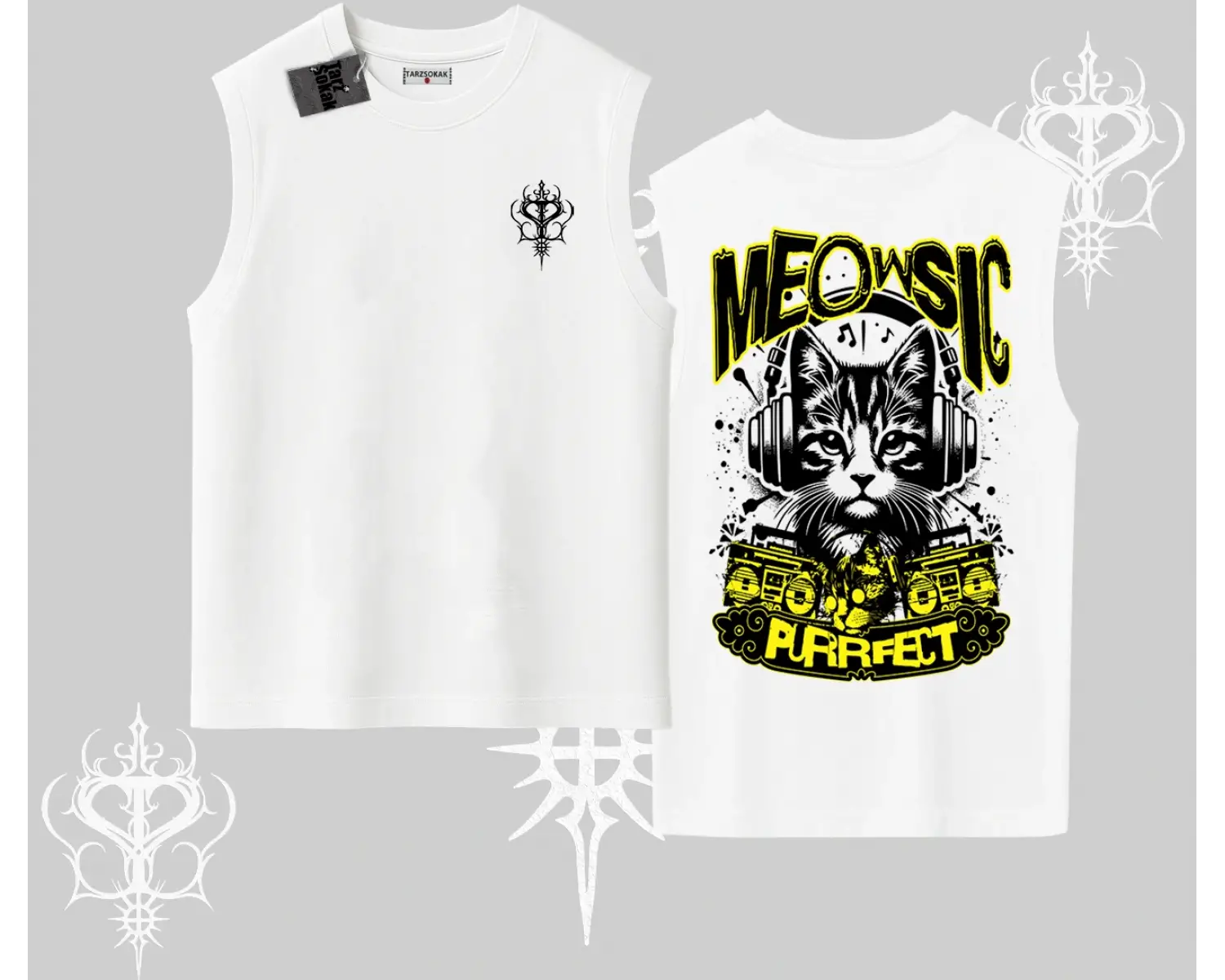 Meowsic Purrfect Kedi Arka Baskılı Kolsuz Tshirt