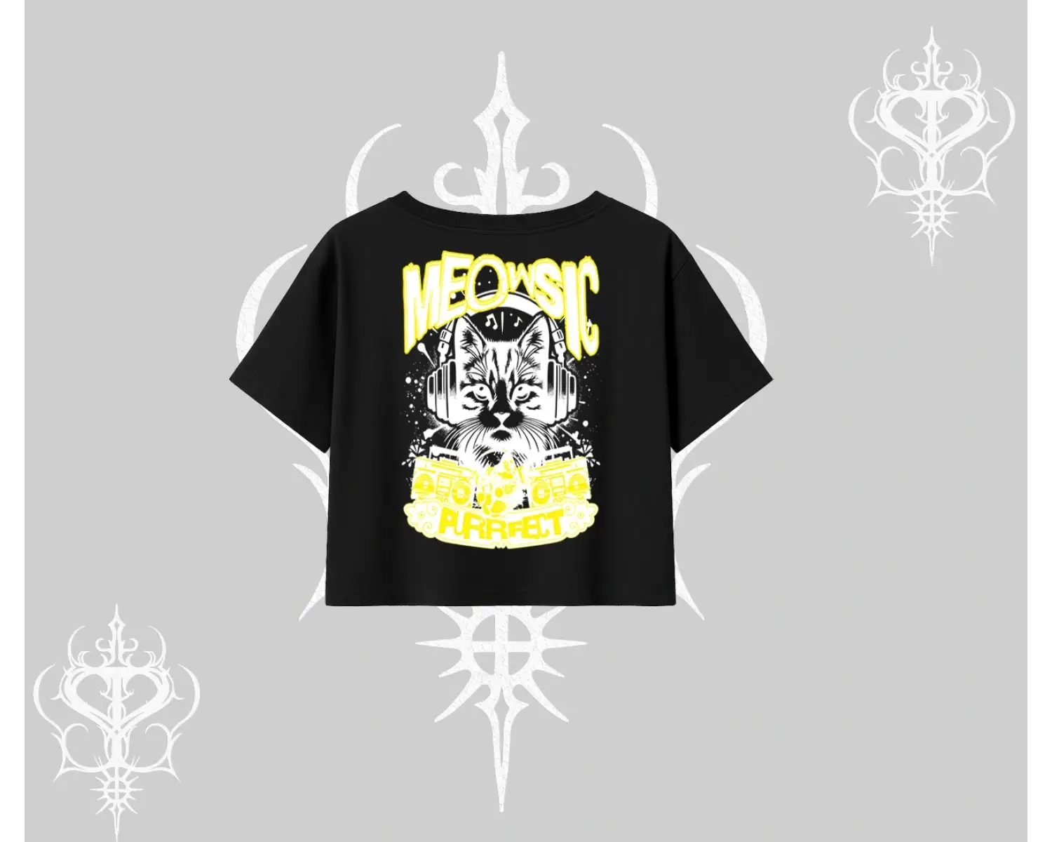 Meowsic Purrfect Kedi Arka Baskılı Oversize Crop Tshirt