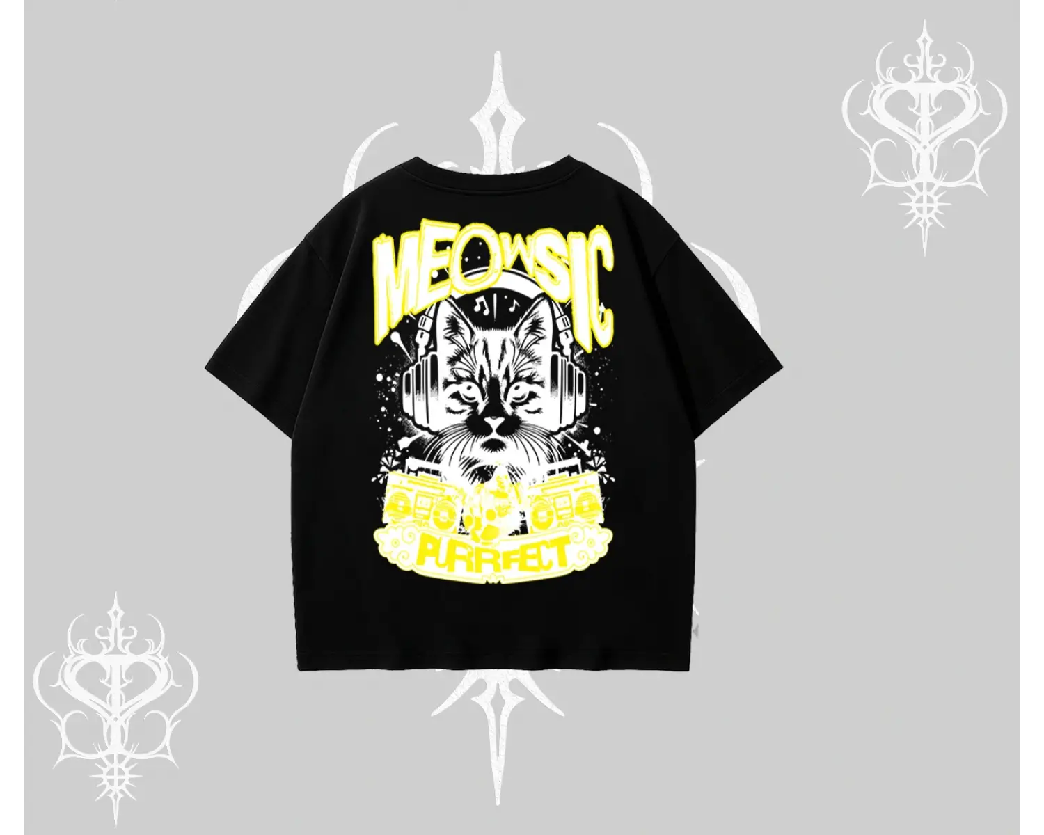 Meowsic Purrfect Kedi Arka Baskılı Oversize Tshirt