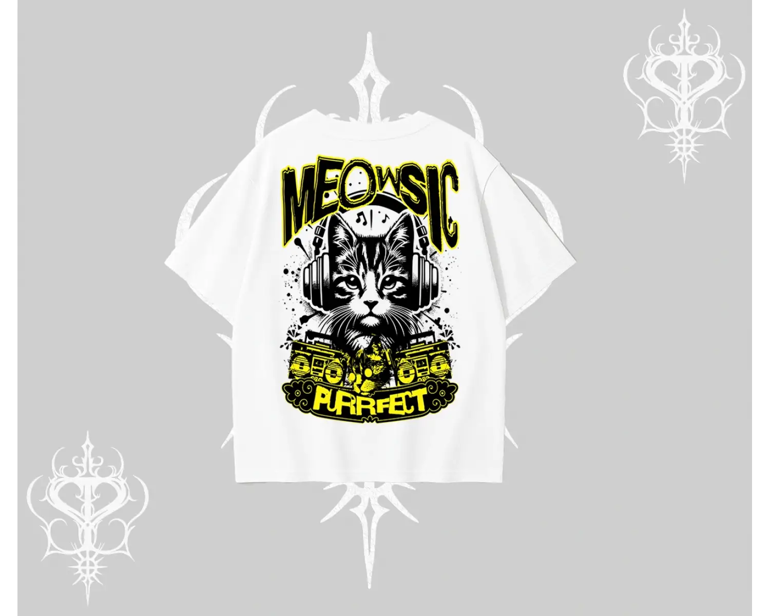 Meowsic Purrfect Kedi Arka Baskılı Oversize Tshirt