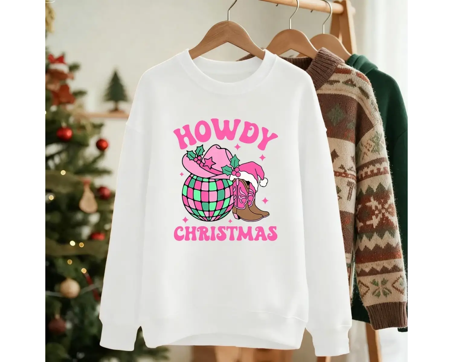 Merhaba Noel Pembe Çizmeler Baskılı Sweatshirtler Kadınlar İçin Bol Basit Kapüşonlu Sweatshir