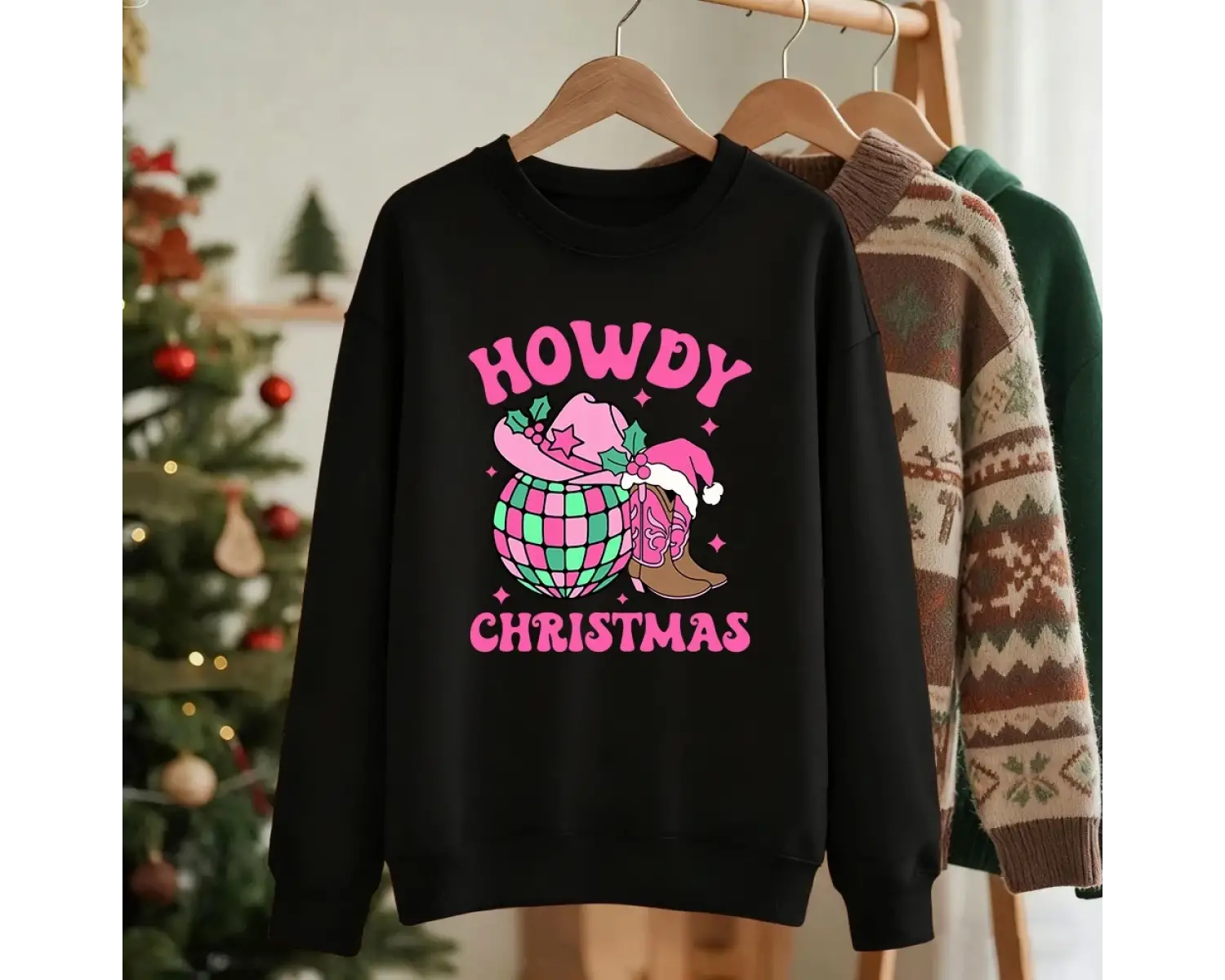 Merhaba Noel Pembe Çizmeler Baskılı Sweatshirtler Kadınlar İçin Bol Basit Kapüşonlu Sweatshir