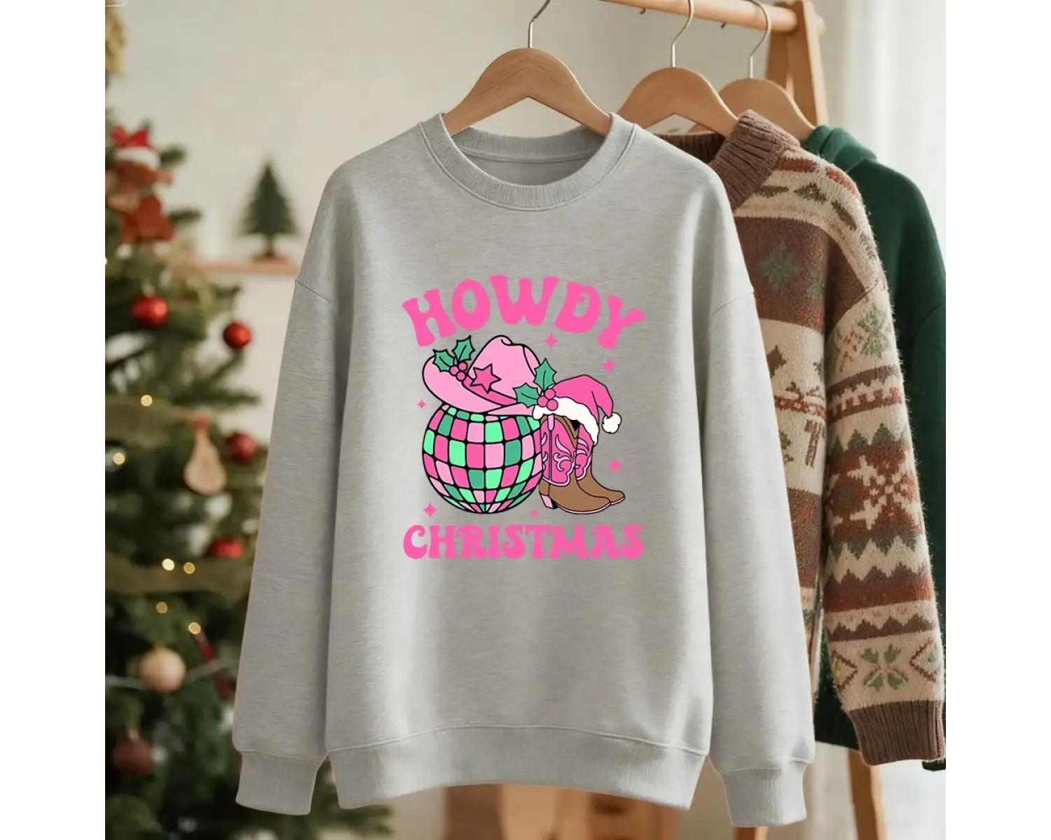 Merhaba Noel Pembe Çizmeler Baskılı Sweatshirtler Kadınlar İçin Bol Basit Kapüşonlu Sweatshir