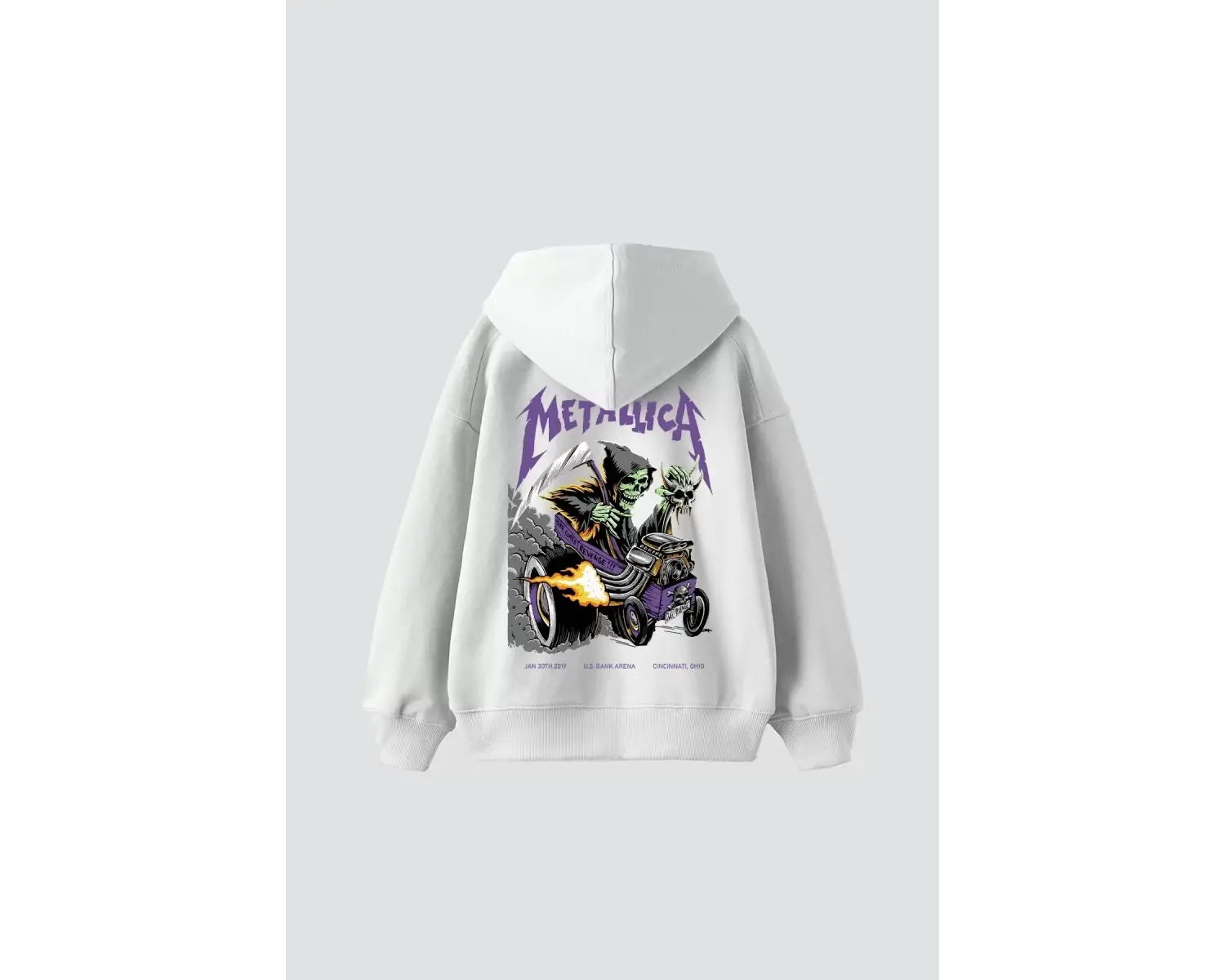 Metallica Mor Sırt Baskılı Beyaz Oversize Kapüşonlu