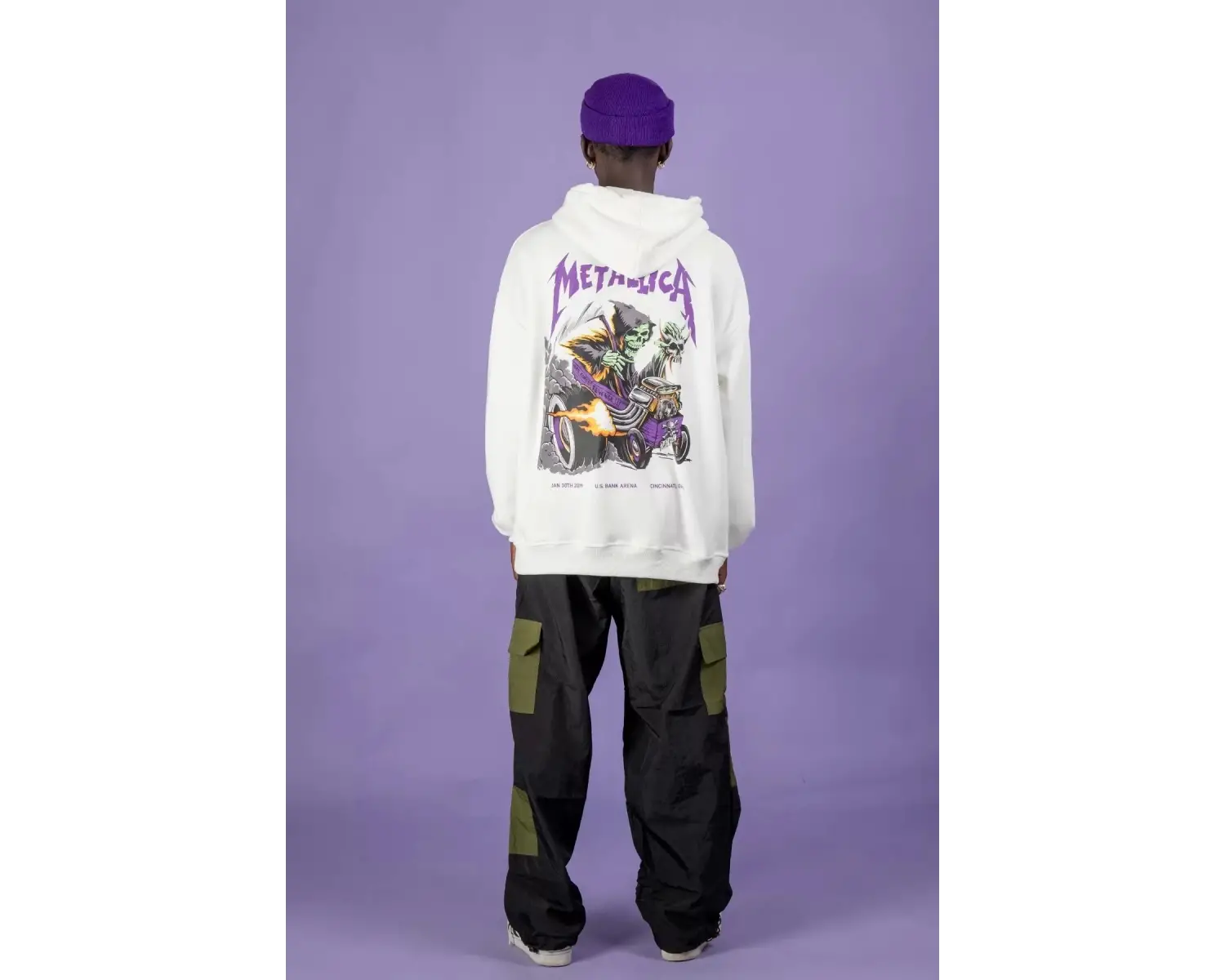 Metallica Mor Sırt Baskılı Beyaz Oversize Kapüşonlu