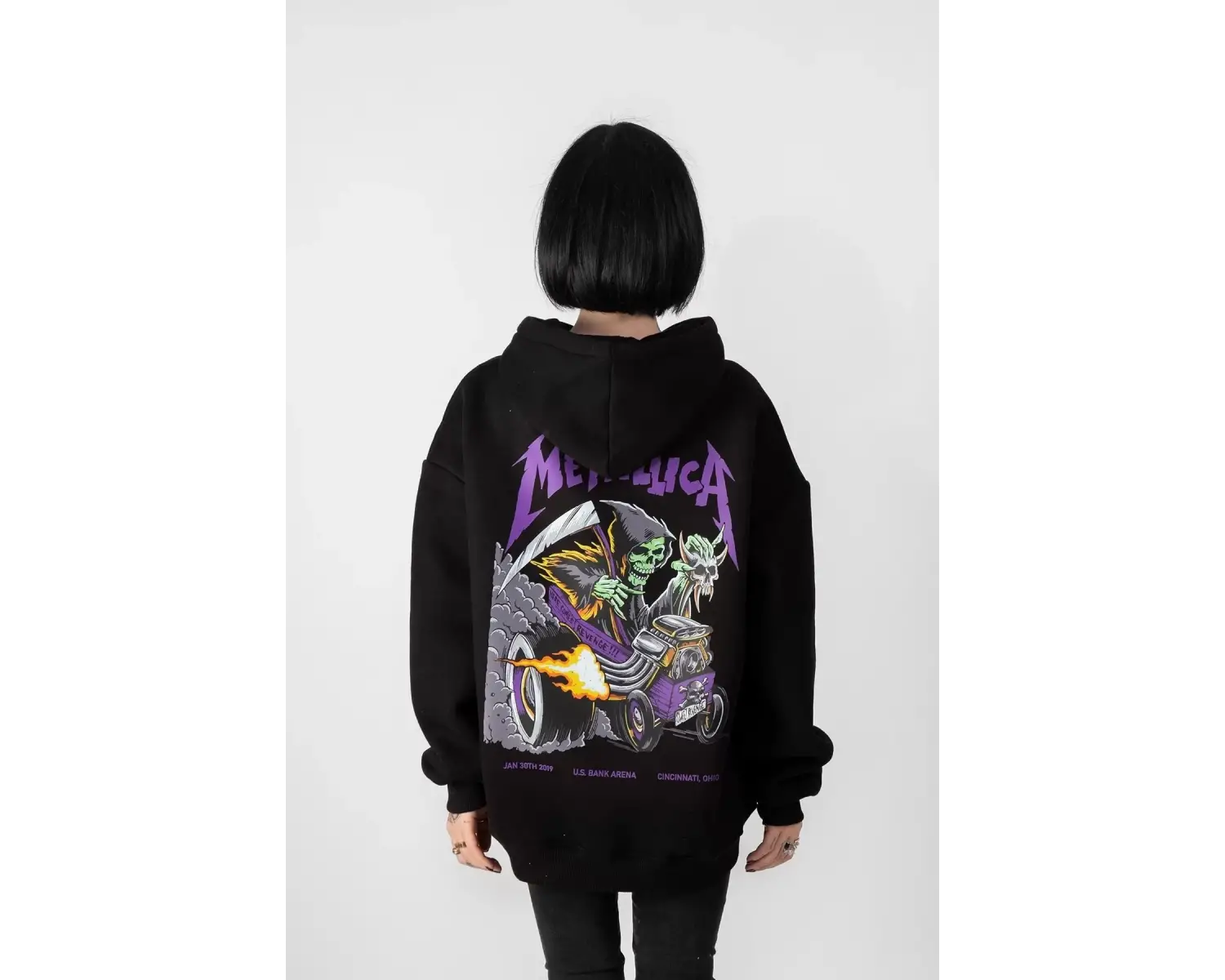 Metallica Mor Sırt Baskılı Beyaz Oversize Kapüşonlu