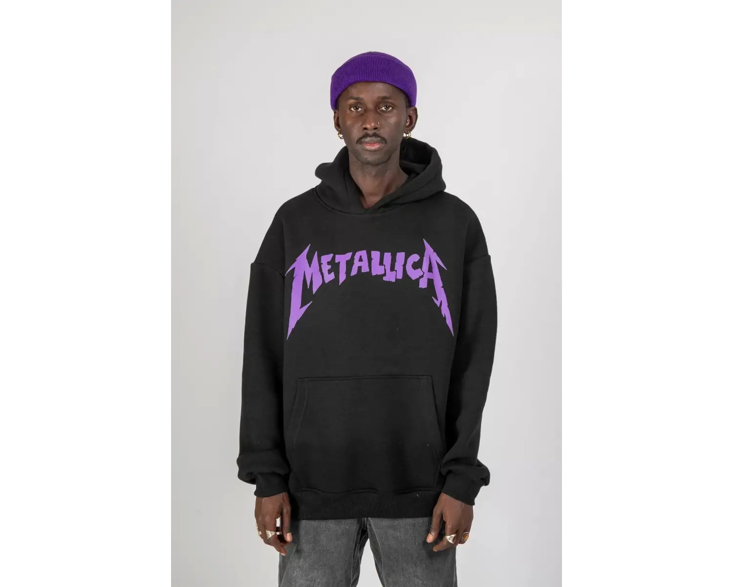 Metallica Mor Sırt Baskılı Beyaz Oversize Kapüşonlu