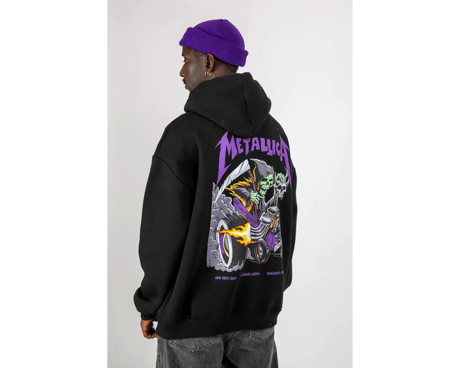 Metallica Mor Sırt Baskılı Beyaz Oversize Kapüşonlu
