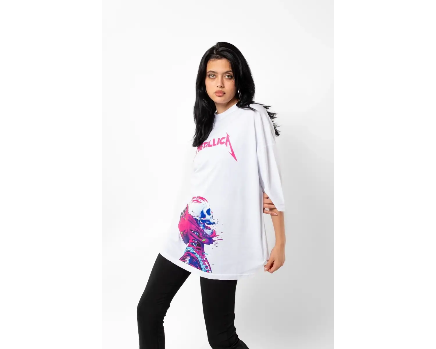 Metallica Neon Pembe Baskılı Beyaz Unisex Oversize
