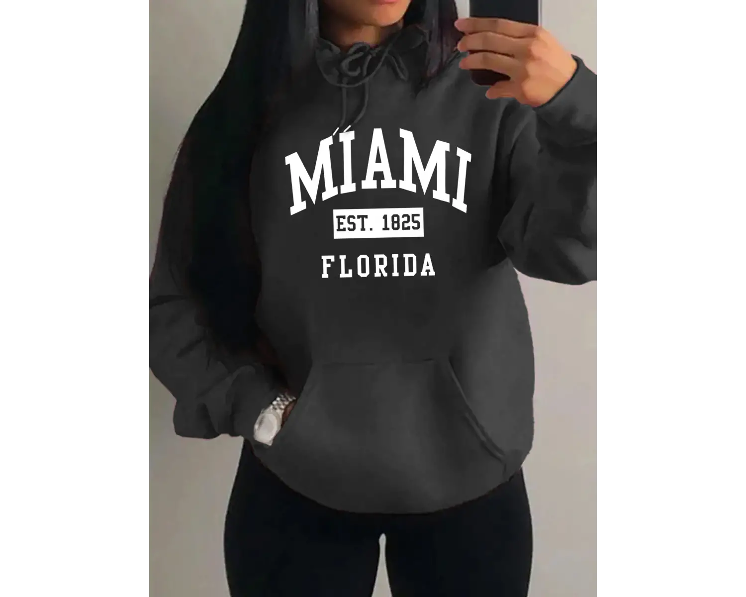 Miami Est 1825 Şehir Sanat Mektup Baskılar Kadın Hoodie Cep Streetwear Harajuku Gevşek Hoody