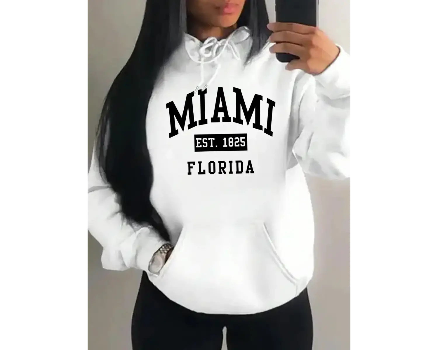 Miami Est 1825 Şehir Sanat Mektup Baskılar Kadın Hoodie Cep Streetwear Harajuku Gevşek Hoody