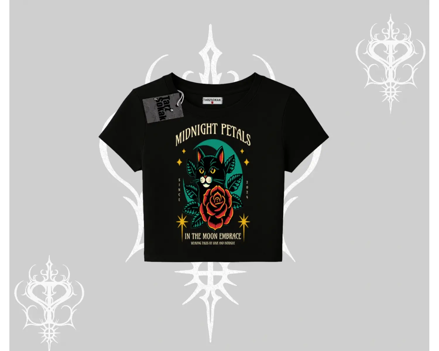 Midnight Petals Kedi Baskılı Babby Tee Tshirt