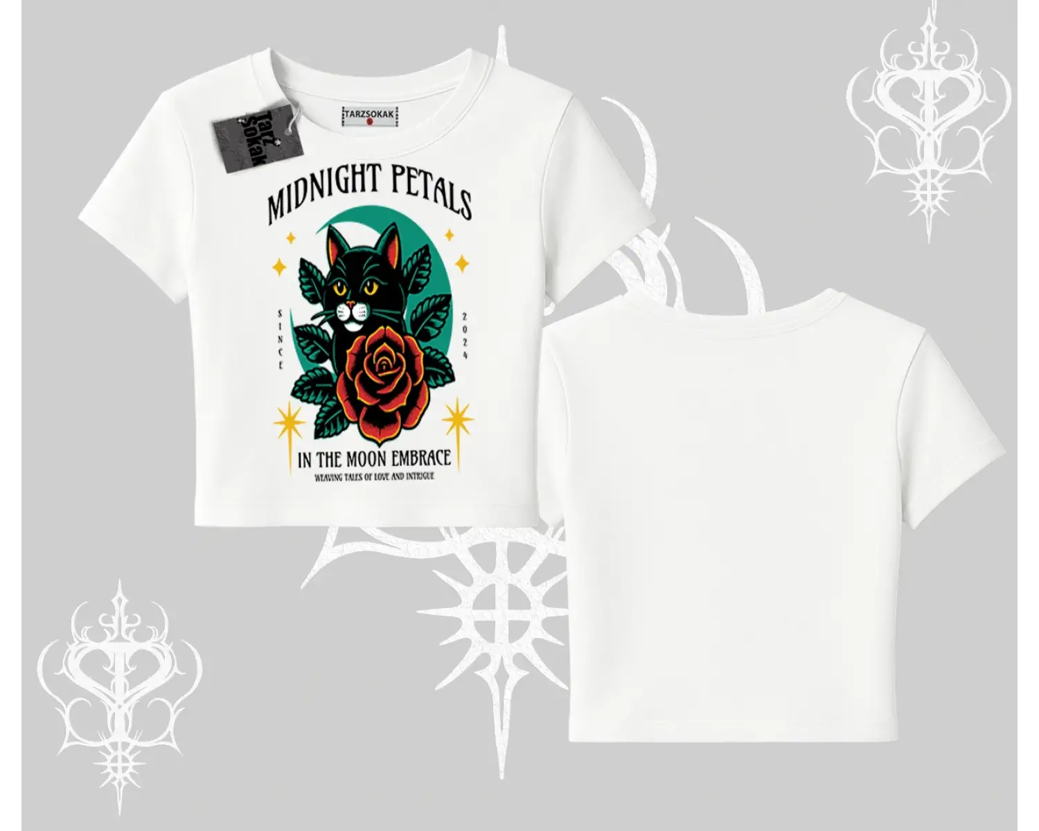 Midnight Petals Kedi Baskılı Babby Tee Tshirt