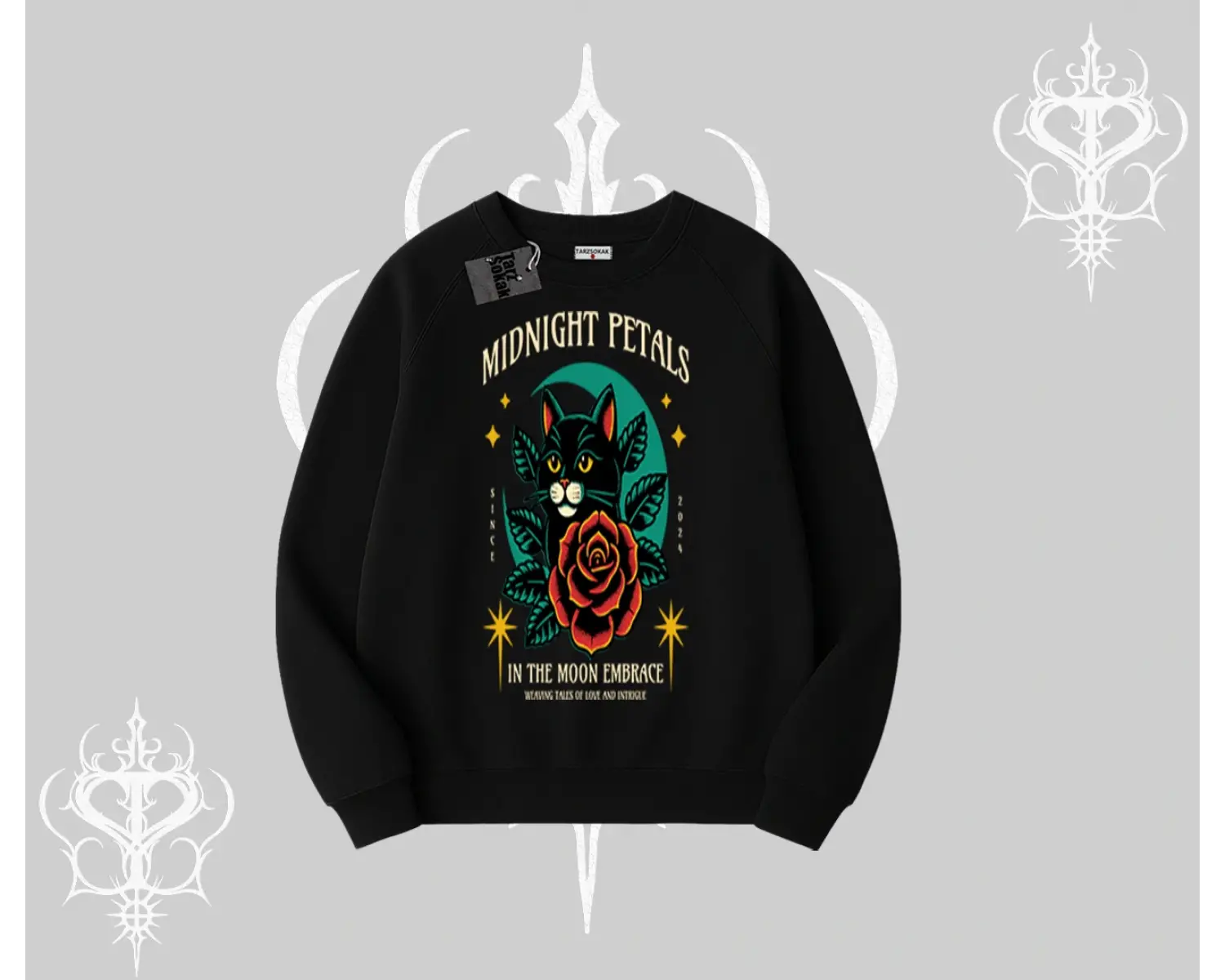 Midnight Petals Kedi Baskılı Biskilet Sweatshirt