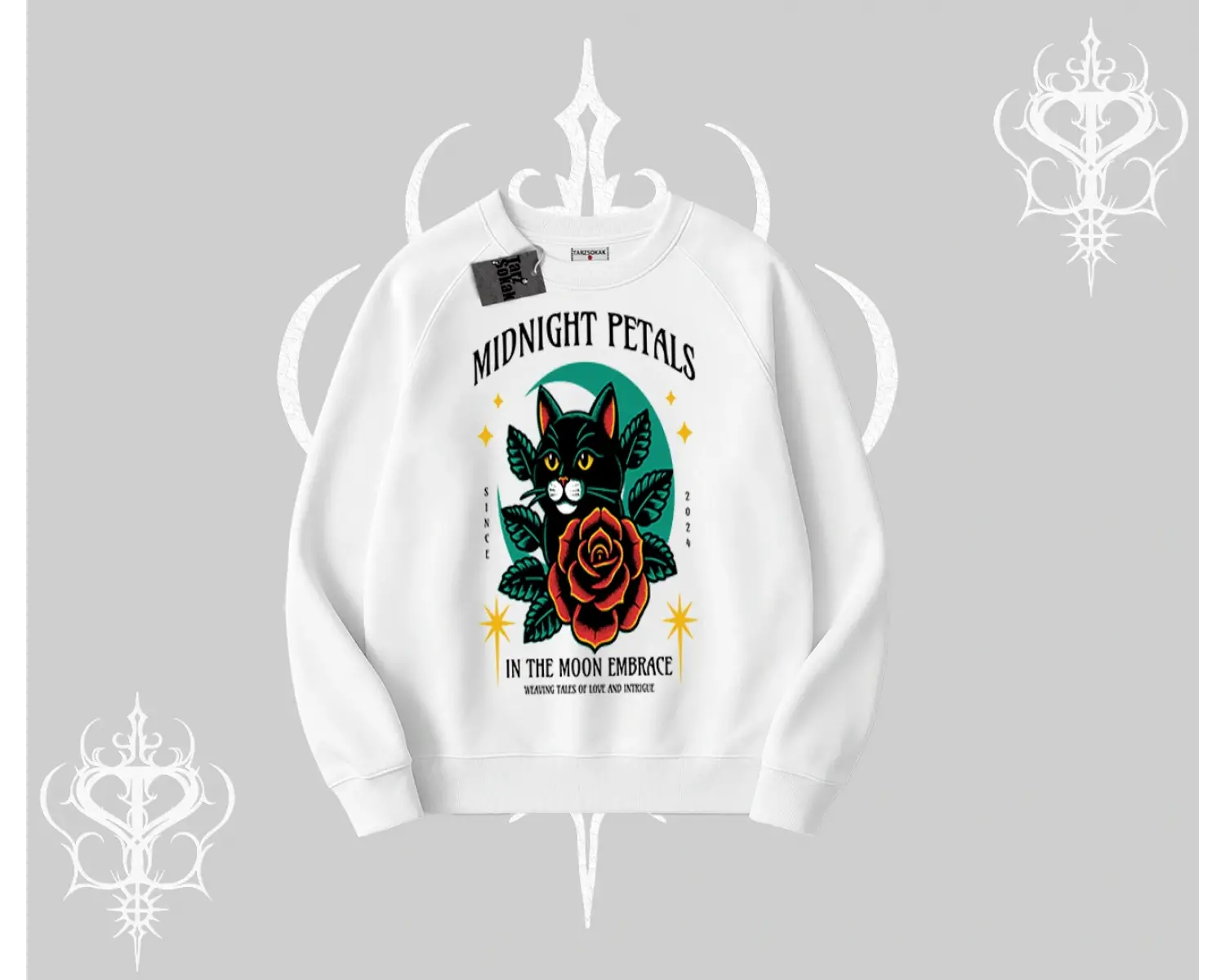 Midnight Petals Kedi Baskılı Biskilet Sweatshirt