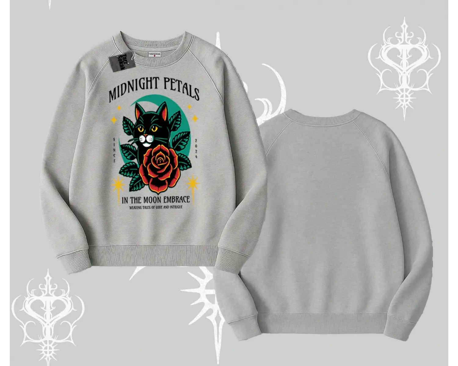 Midnight Petals Kedi Baskılı Biskilet Sweatshirt