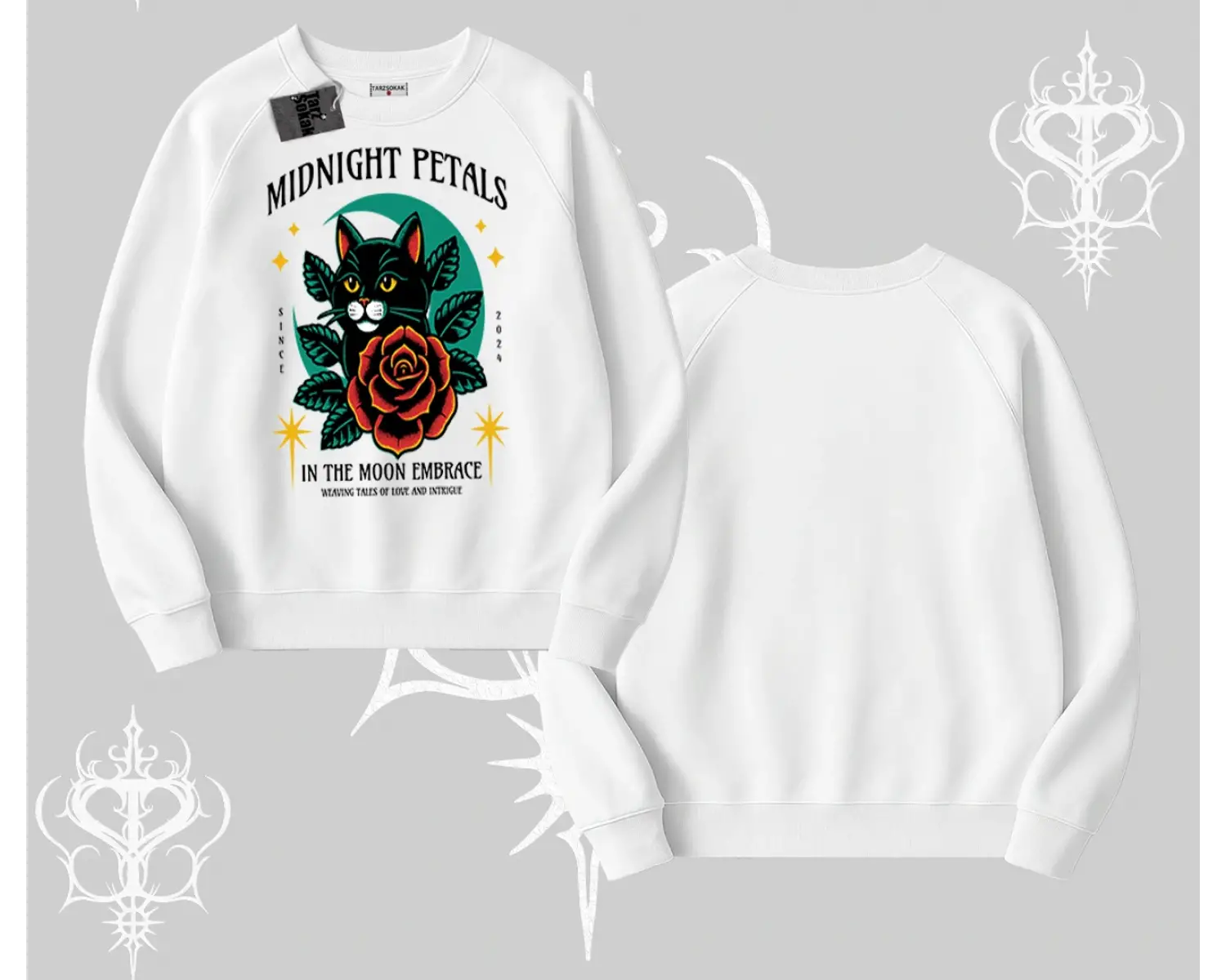 Midnight Petals Kedi Baskılı Biskilet Sweatshirt