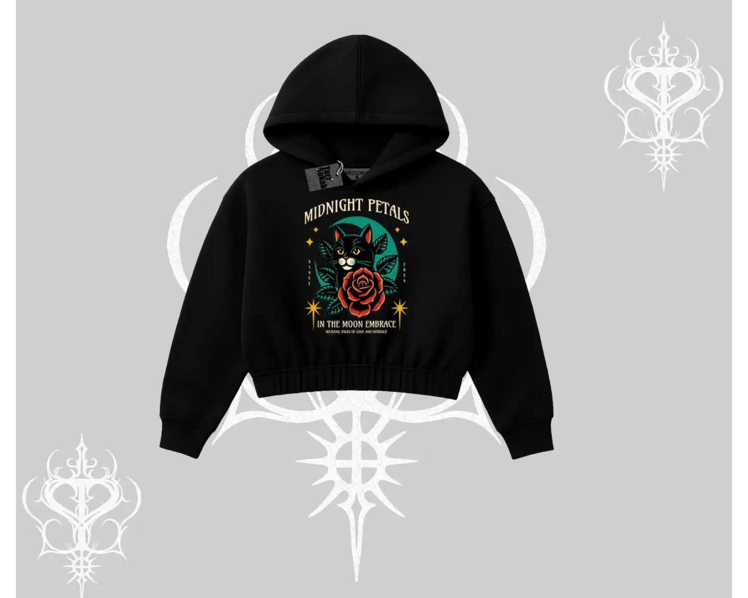 Midnight Petals Kedi Baskılı Kapşonlu Crop Sweatshirt