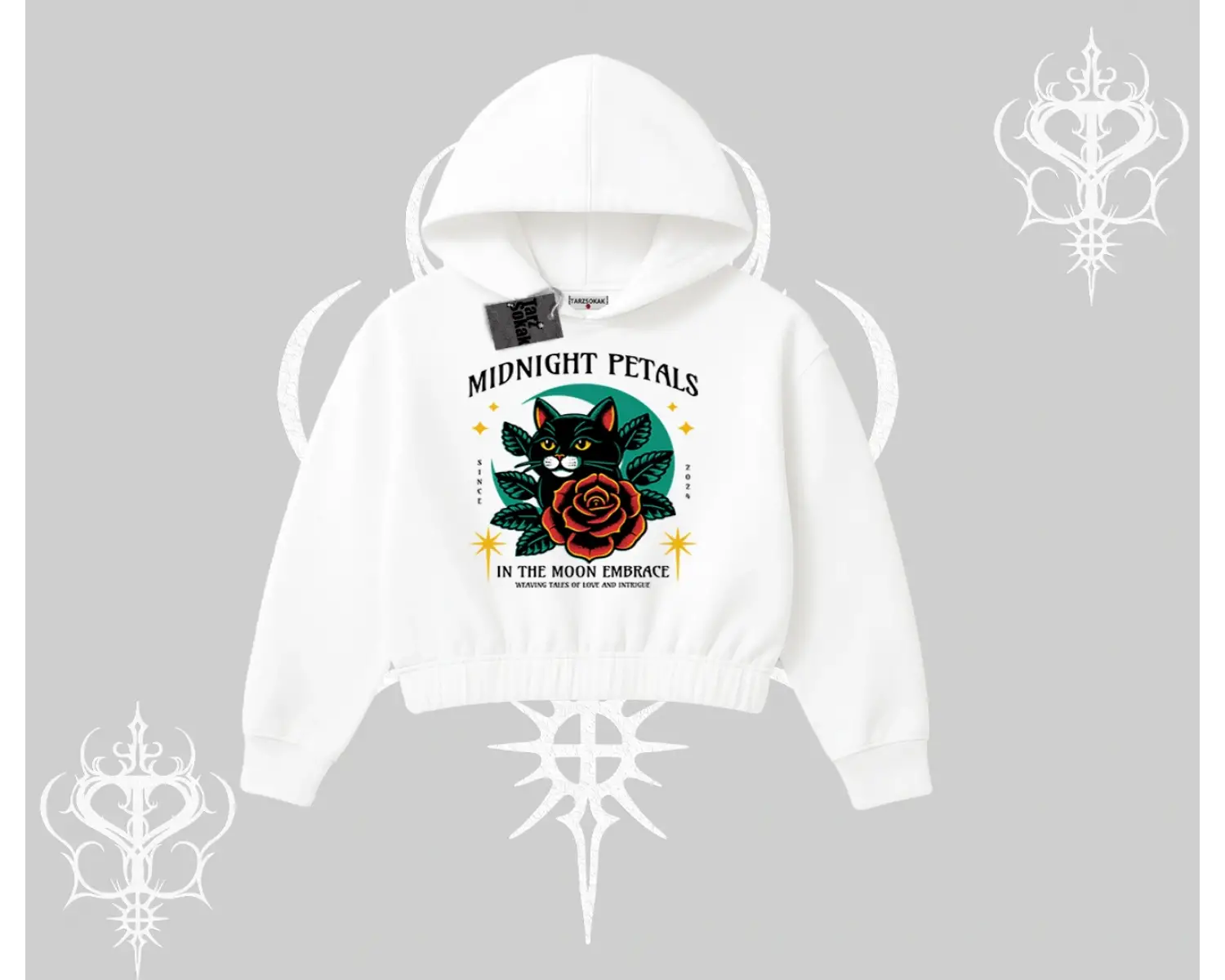 Midnight Petals Kedi Baskılı Kapşonlu Crop Sweatshirt