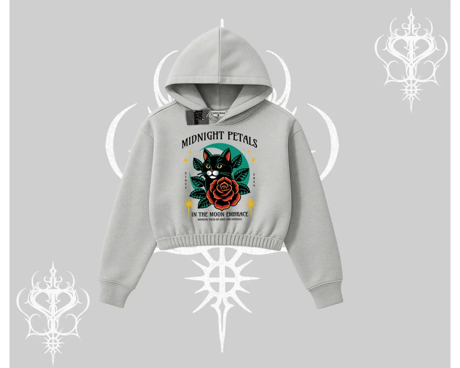 Midnight Petals Kedi Baskılı Kapşonlu Crop Sweatshirt