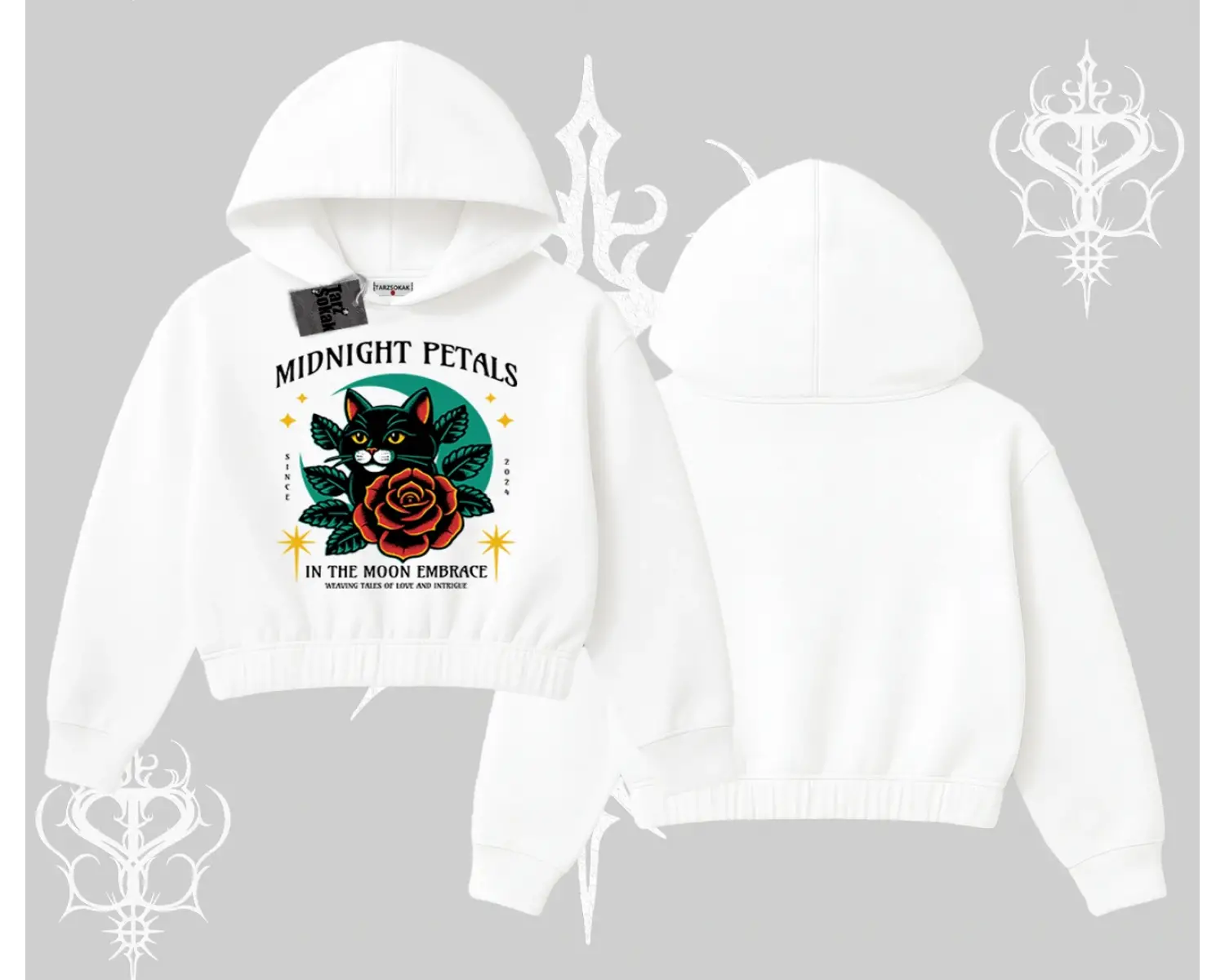 Midnight Petals Kedi Baskılı Kapşonlu Crop Sweatshirt