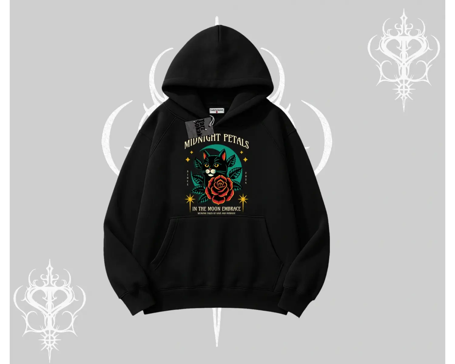 Midnight Petals Kedi Baskılı Kapşonlu Sweatshirt