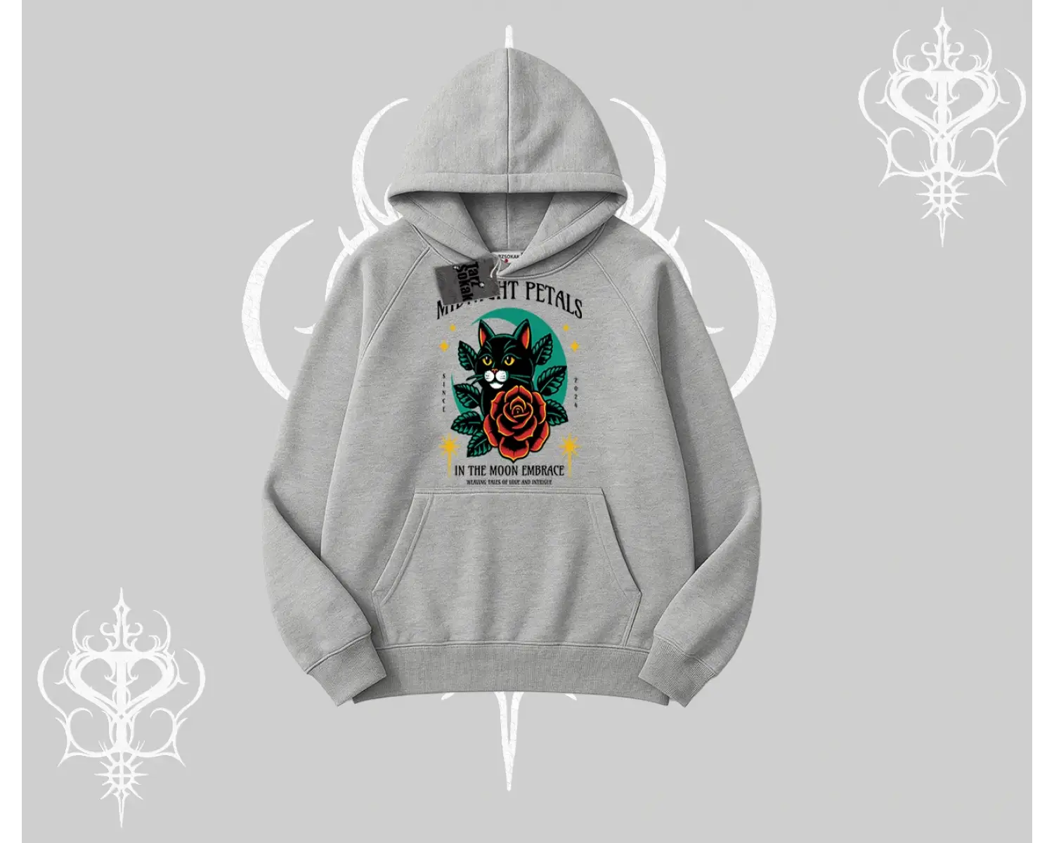 Midnight Petals Kedi Baskılı Kapşonlu Sweatshirt