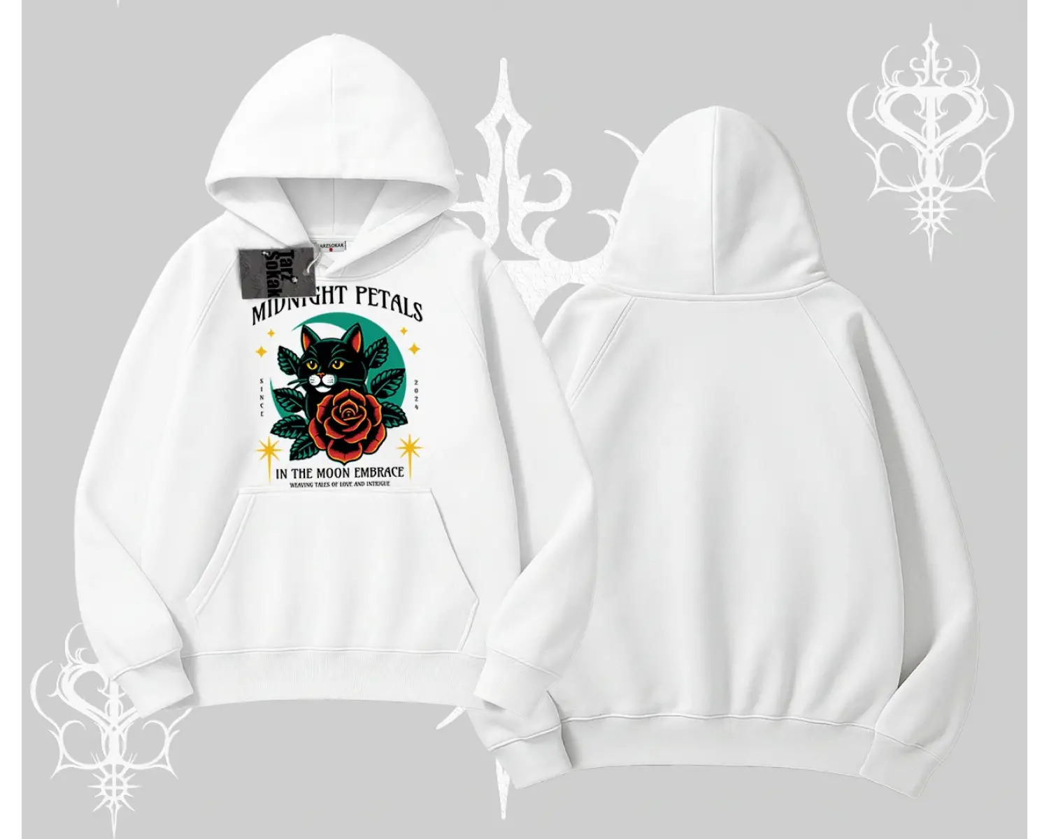 Midnight Petals Kedi Baskılı Kapşonlu Sweatshirt