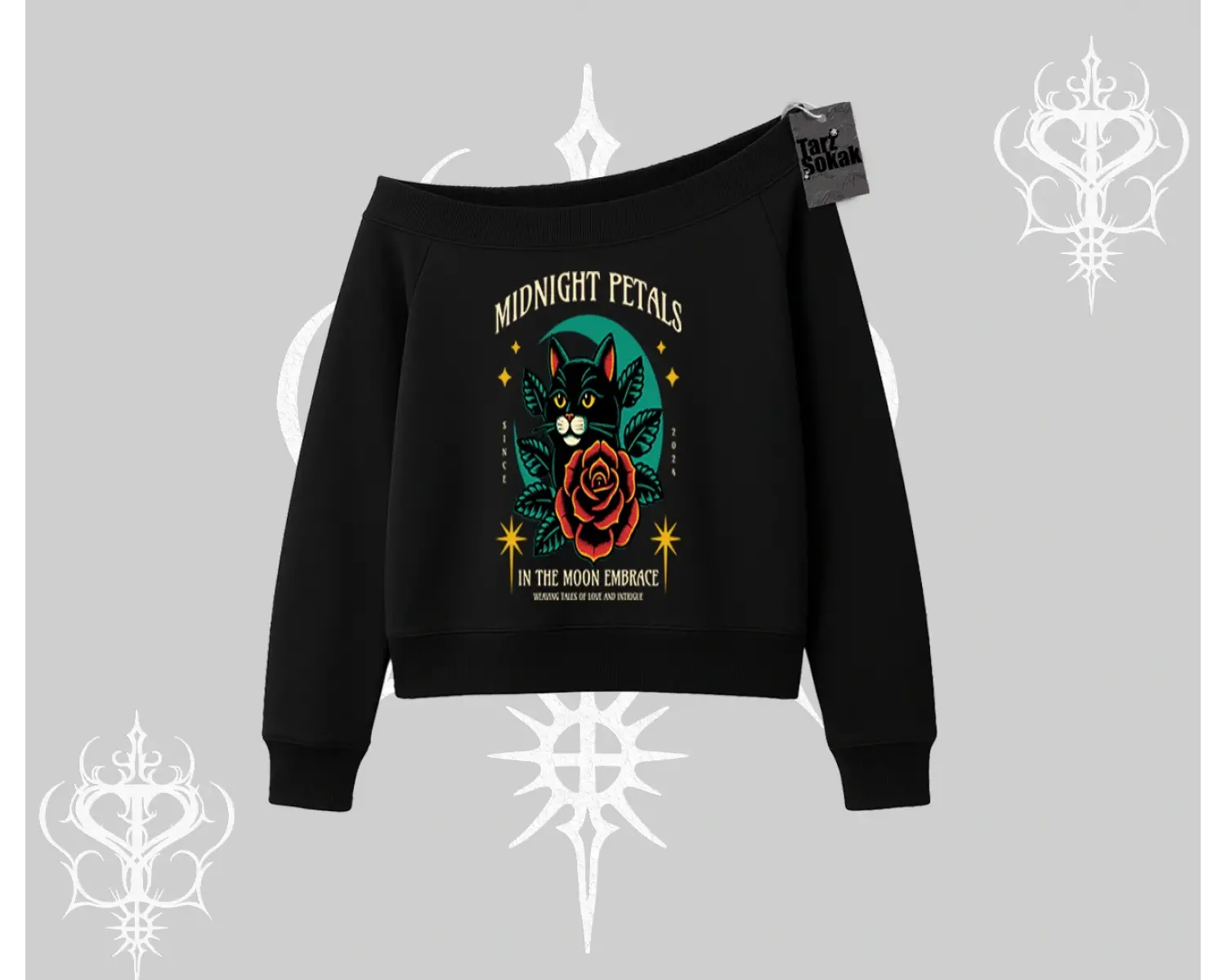 Midnight Petals Kedi Baskılı Kayık Yaka Sweatshirt
