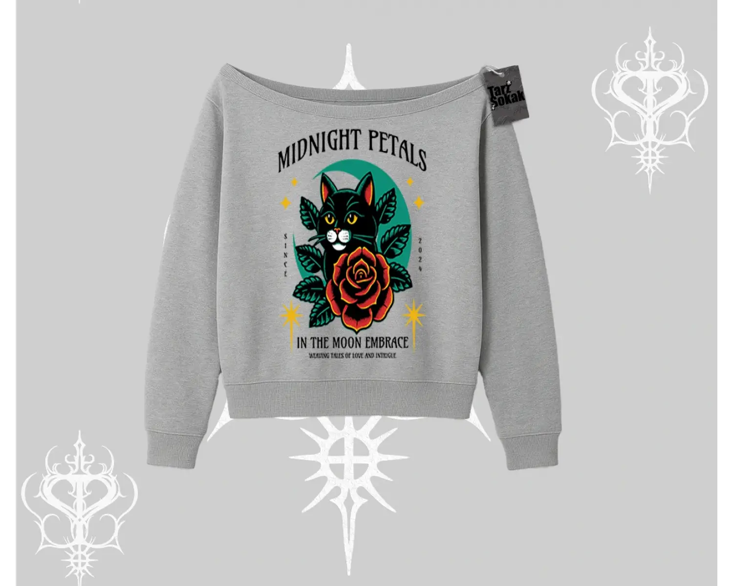 Midnight Petals Kedi Baskılı Kayık Yaka Sweatshirt