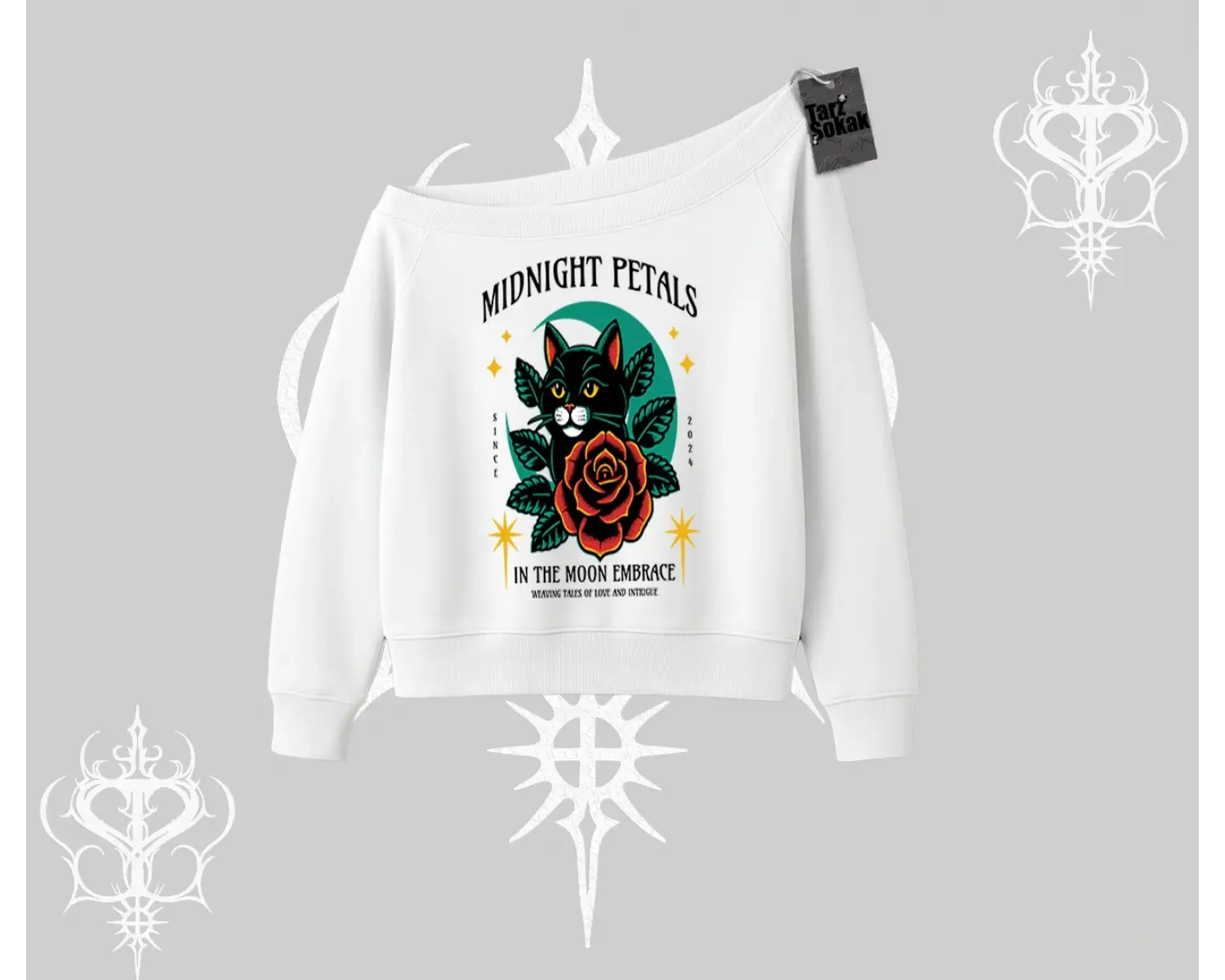 Midnight Petals Kedi Baskılı Kayık Yaka Sweatshirt
