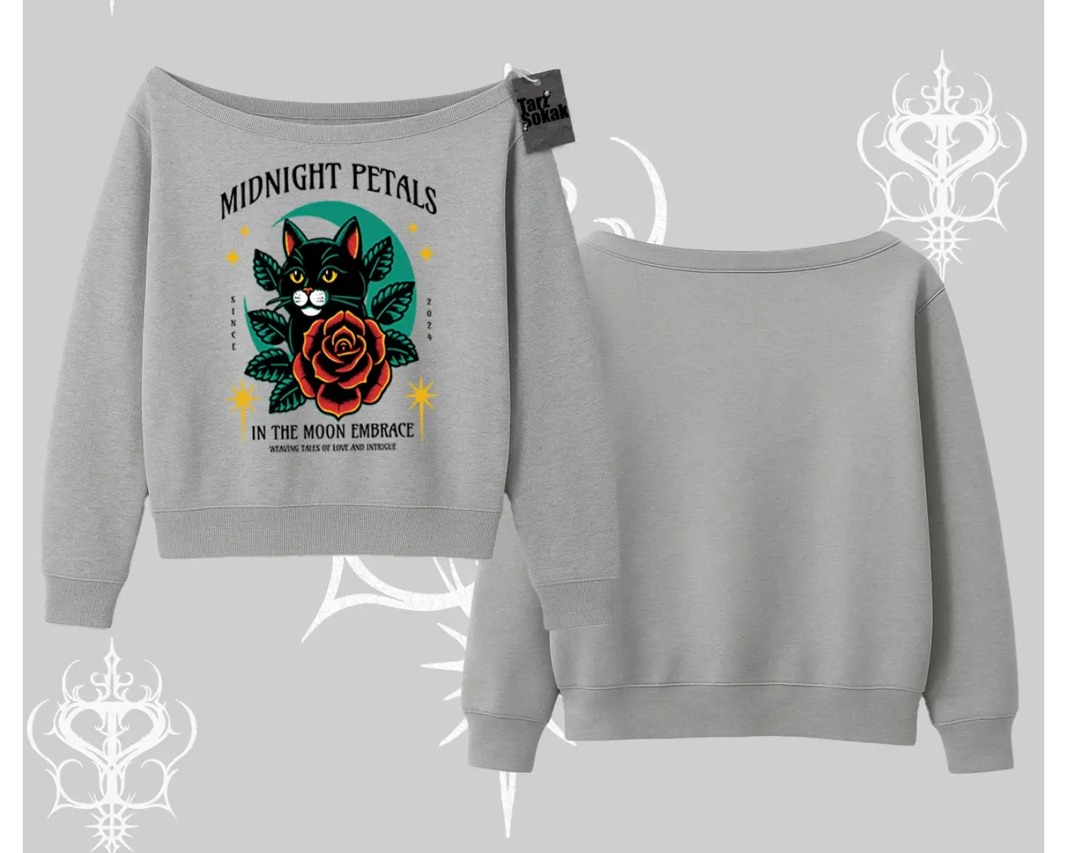 Midnight Petals Kedi Baskılı Kayık Yaka Sweatshirt