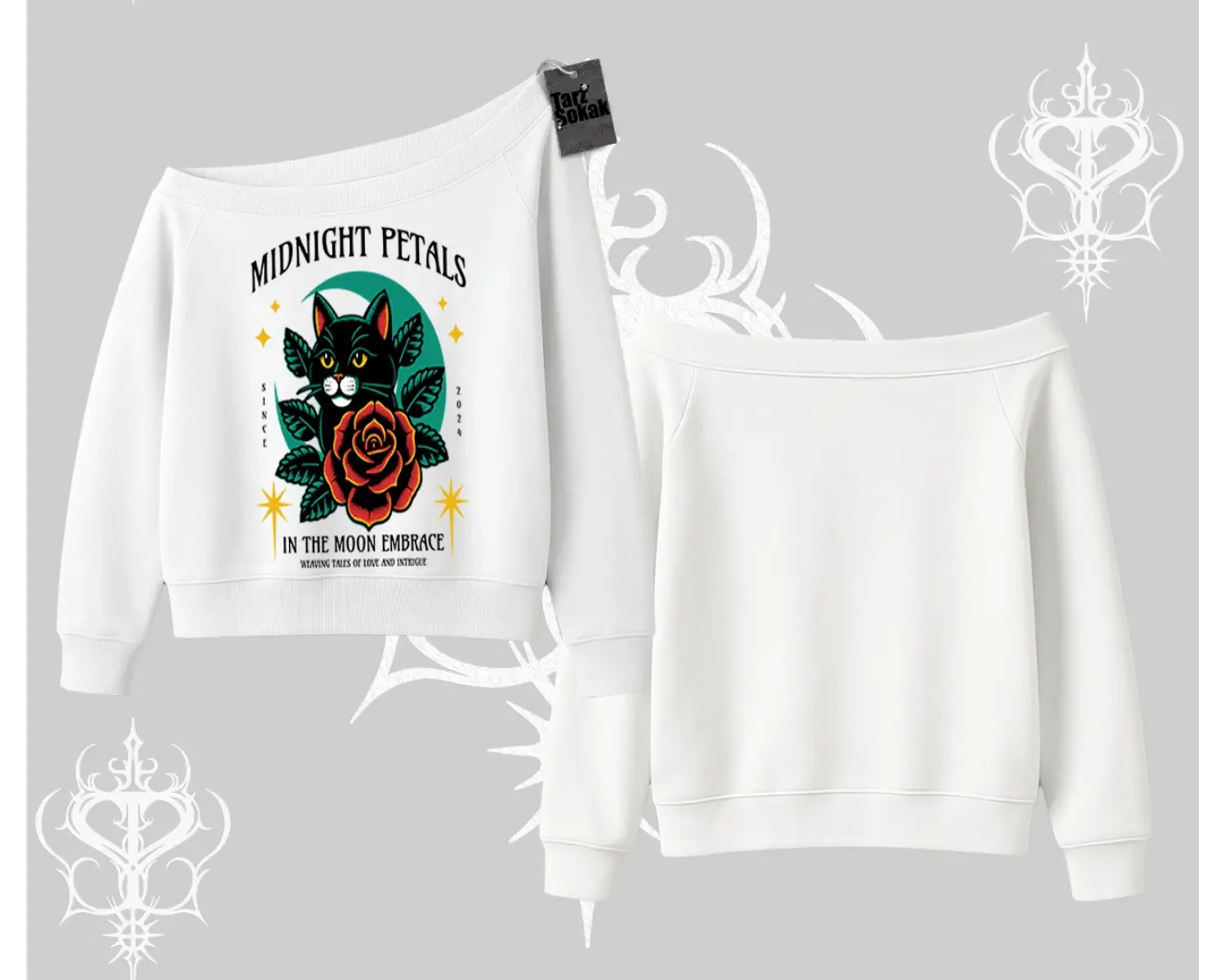 Midnight Petals Kedi Baskılı Kayık Yaka Sweatshirt