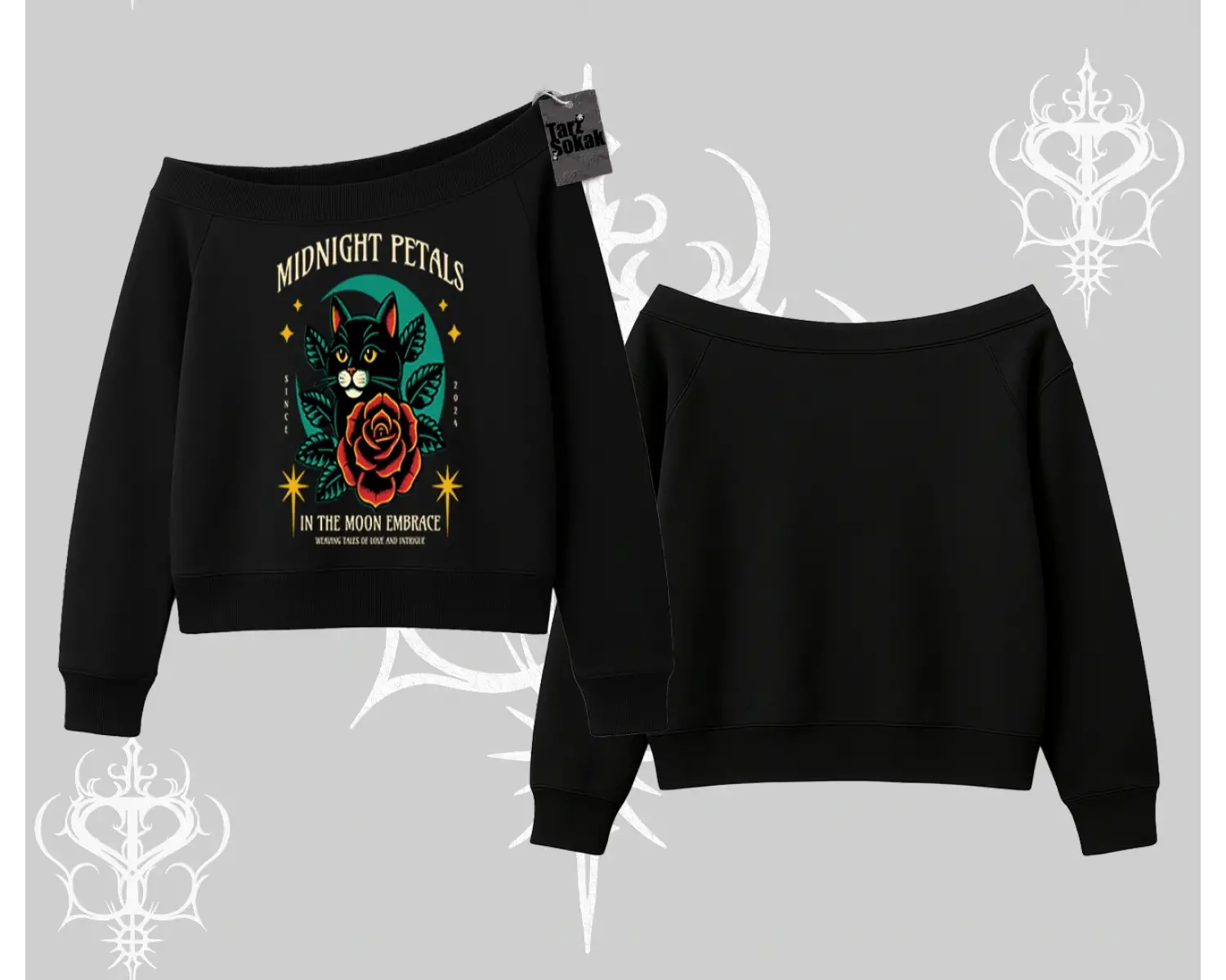 Midnight Petals Kedi Baskılı Kayık Yaka Sweatshirt