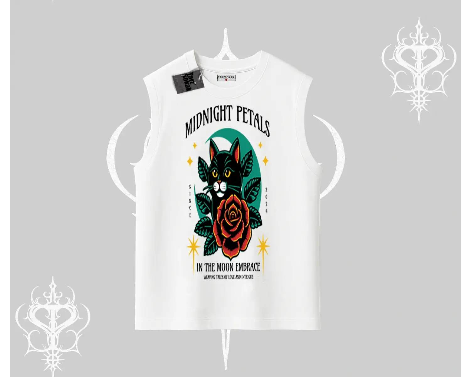 Midnight Petals Kedi Baskılı Kolsuz Tshirt