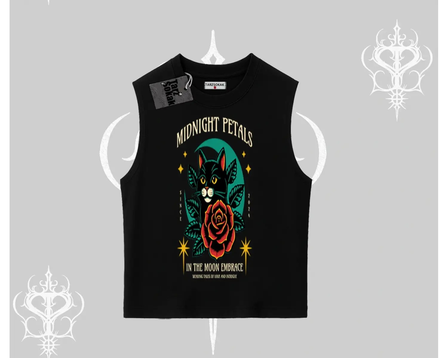 Midnight Petals Kedi Baskılı Kolsuz Tshirt