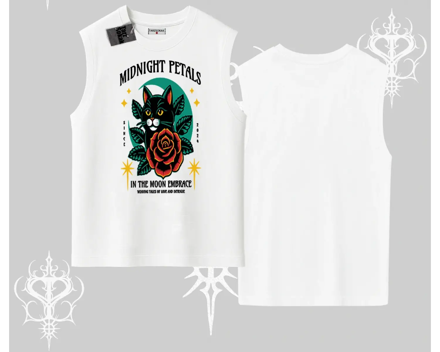 Midnight Petals Kedi Baskılı Kolsuz Tshirt